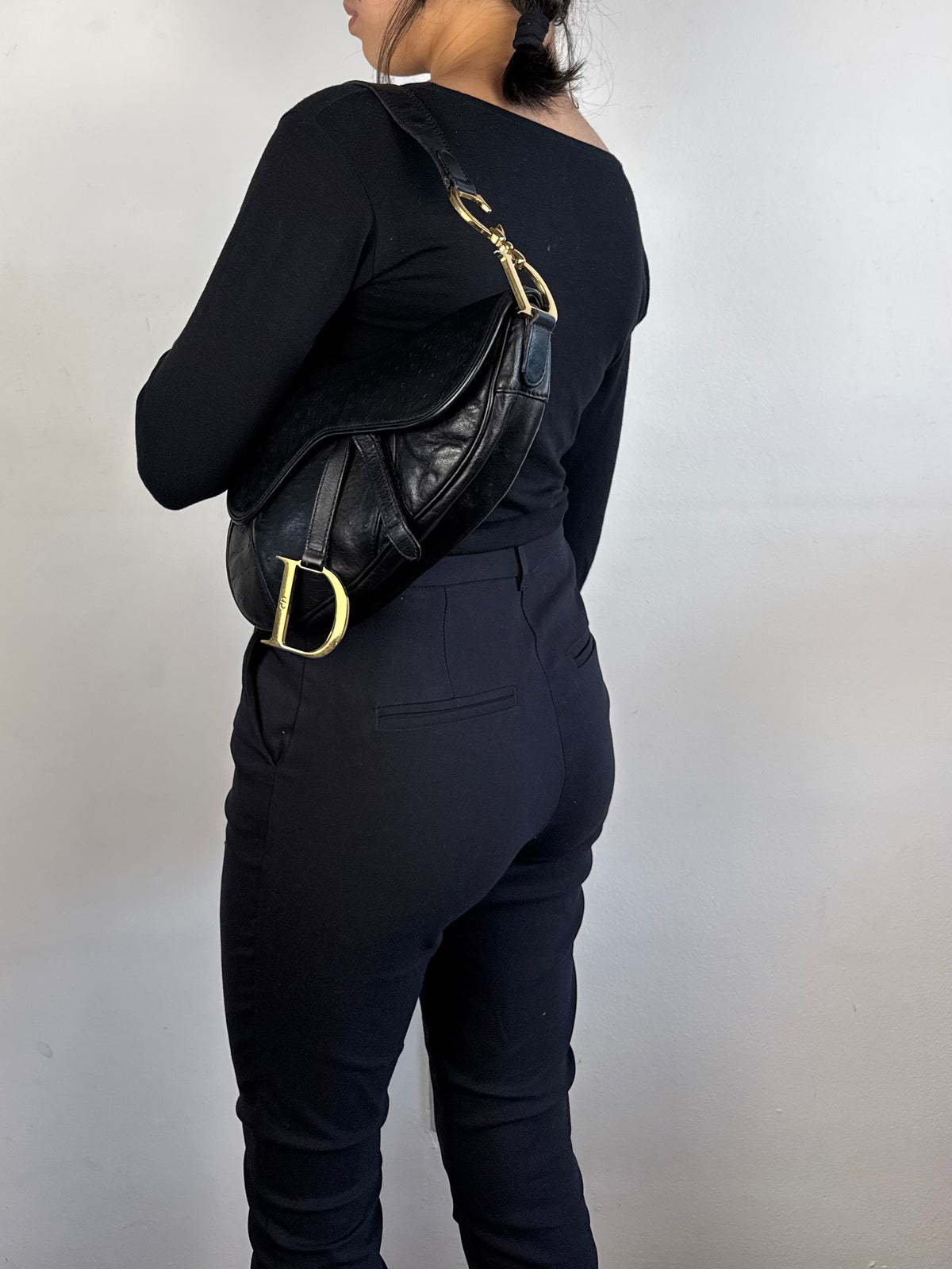 Christian Dior Saddle Ostrich Leather Black