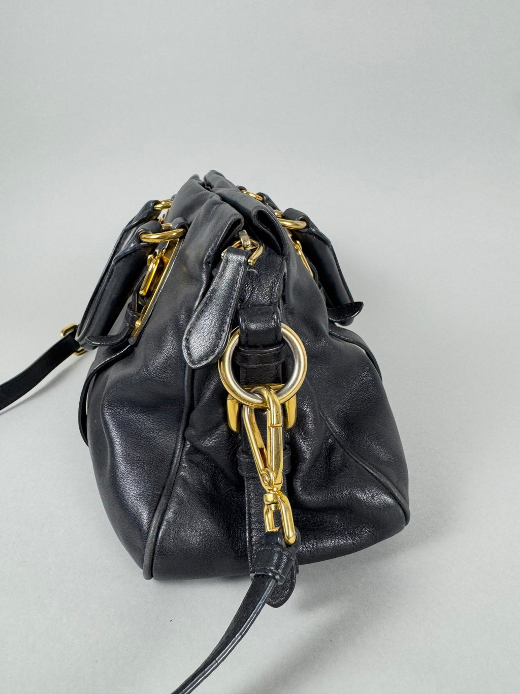 Prada Satchel Soft Calfskin Trimmed Leather Black