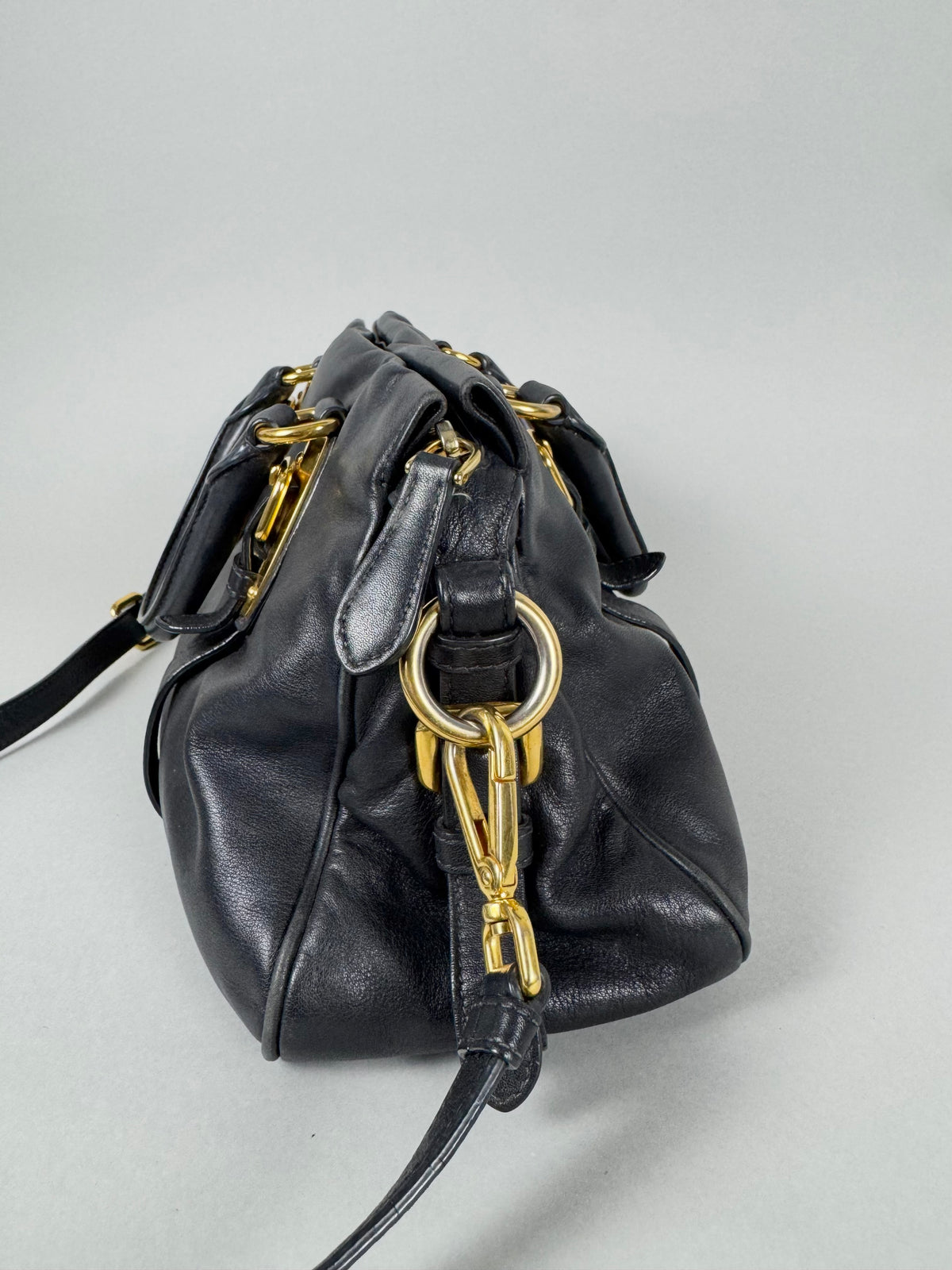 Prada Satchel Soft Calfskin Trimmed Leather Black