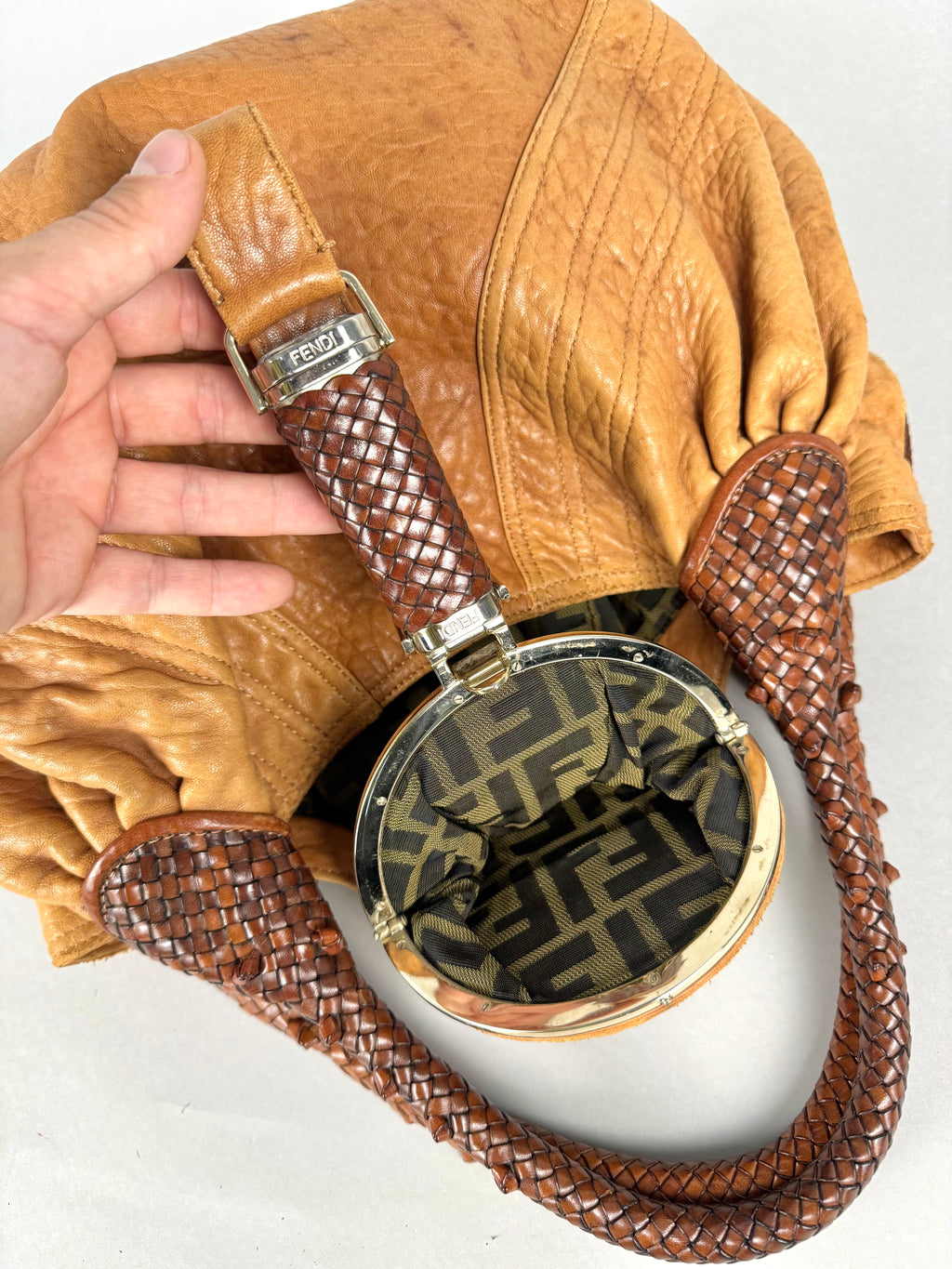 Fendi Spy Intreciatto Caramel Leather Bag