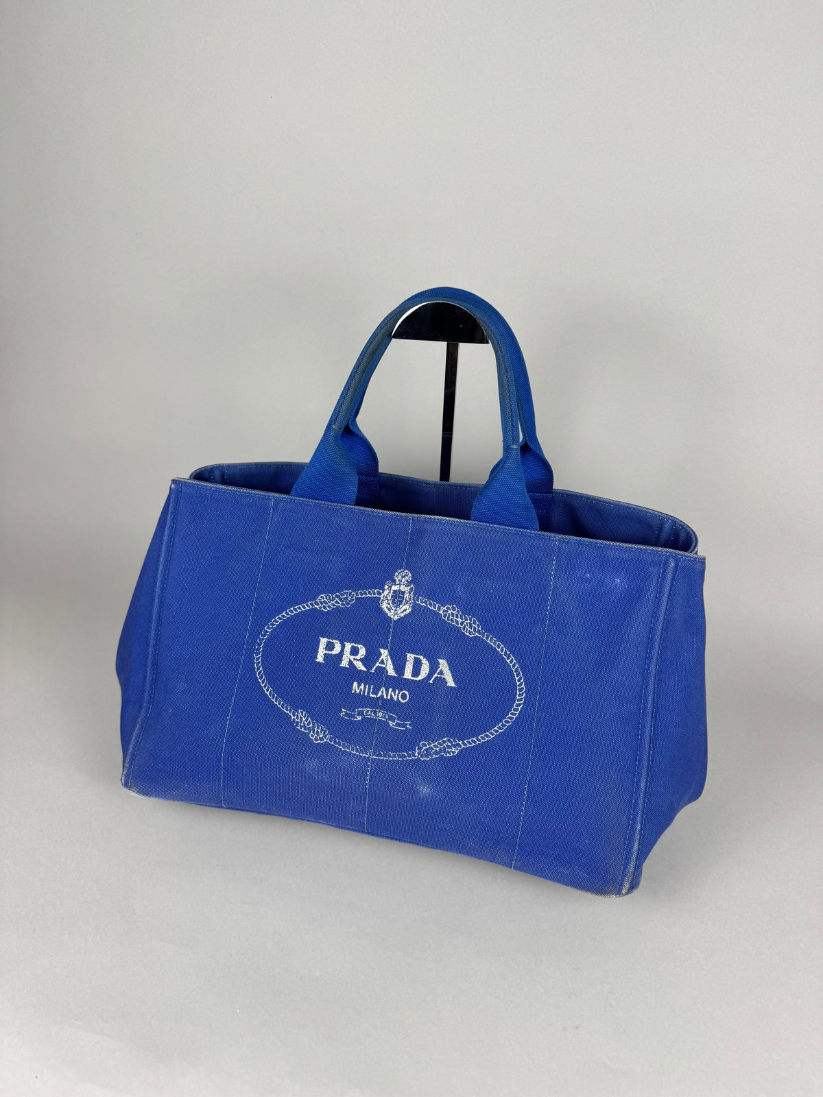 Prada Blue Printed Canapa Canvas Tote