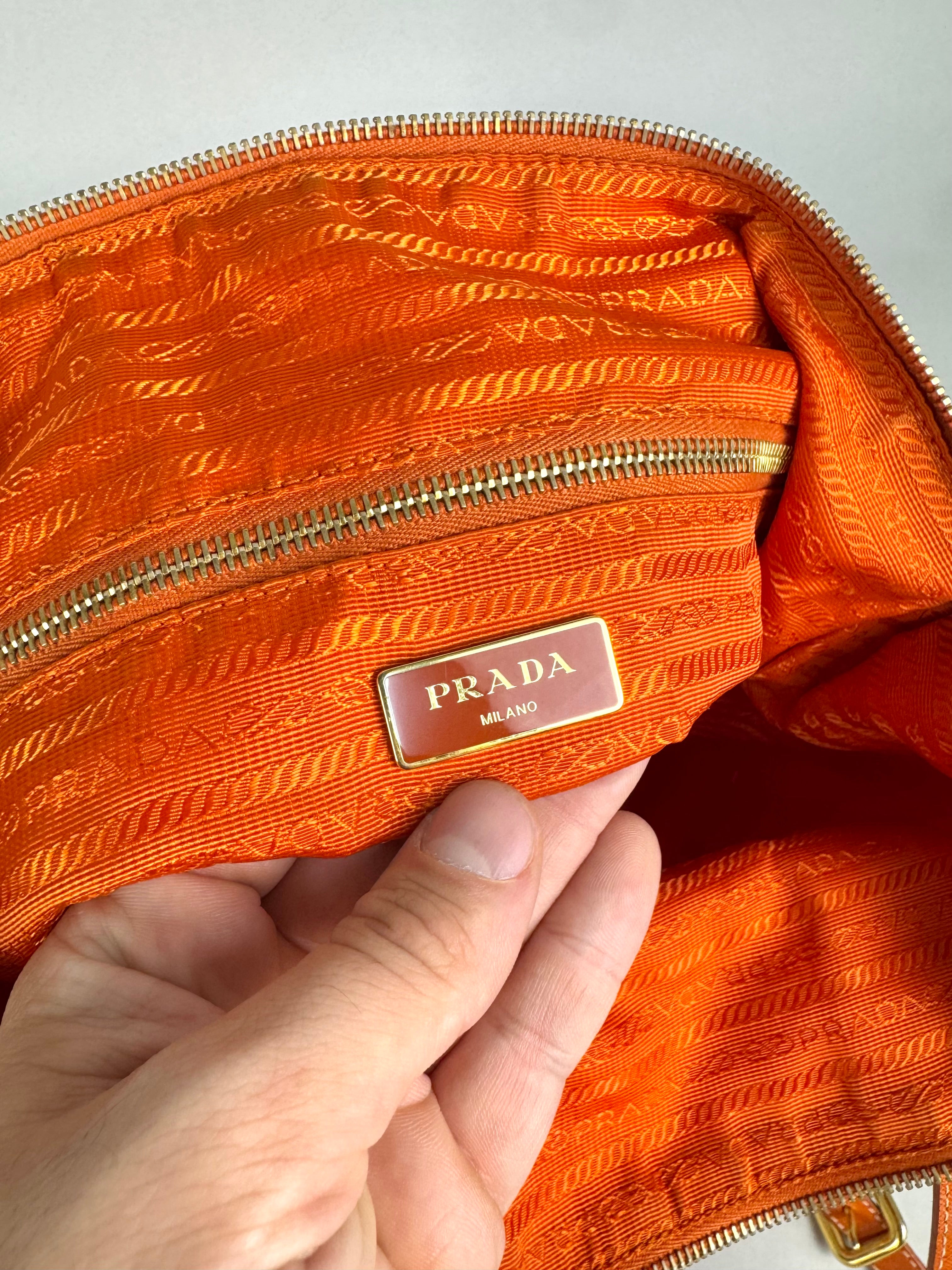 Prada Tessuto Orange Nylon With Leather Strap Tote Bag