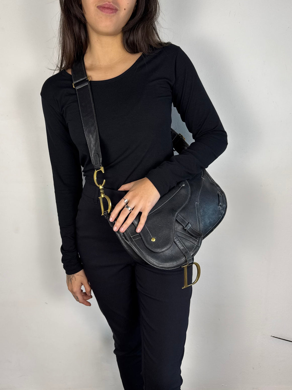 Christian Dior Vintage Double Baudrier Saddle Bag in Black Leather