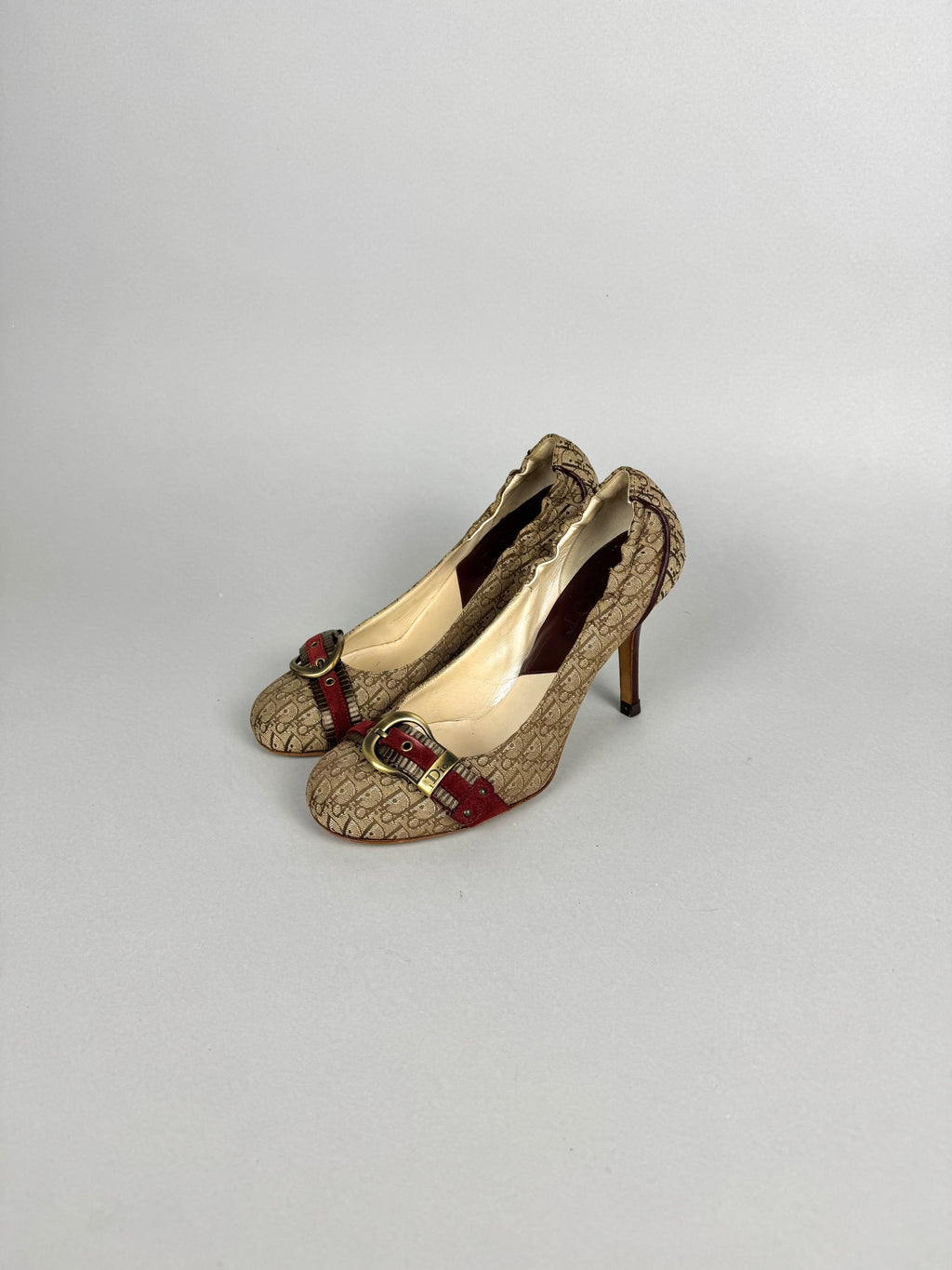 Dior Monogram Burgundy Beige Canvas Heels