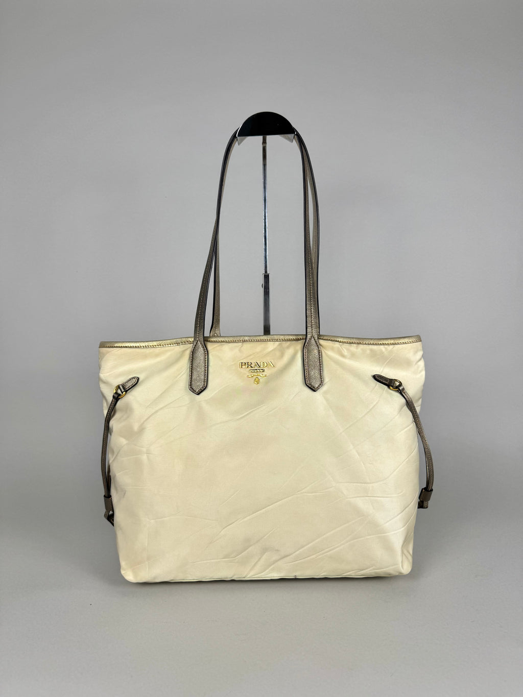 Prada Tessuto Nylon Saffiano Shopping Tote Off White