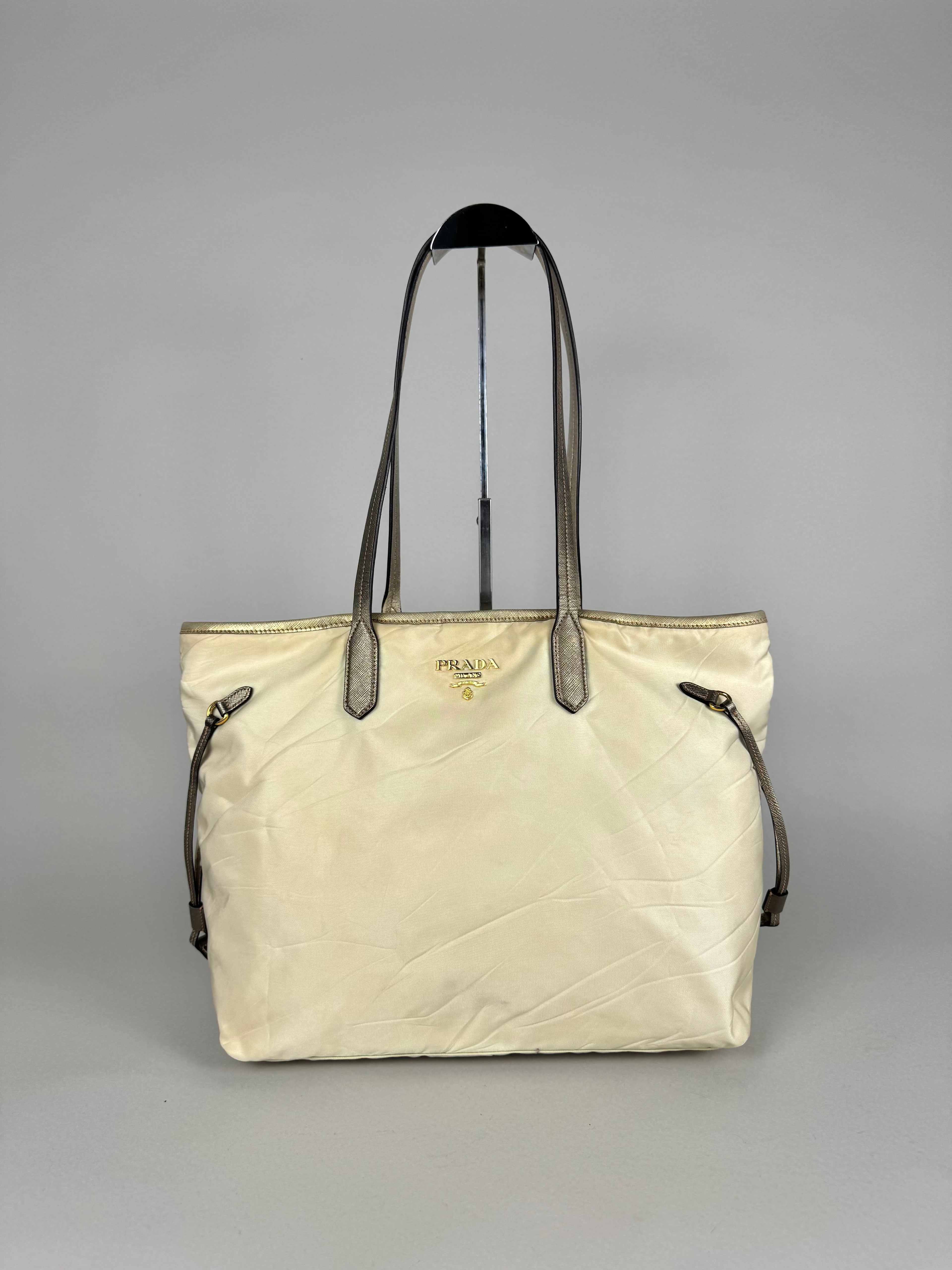 Prada Tessuto Nylon Saffiano Shopping Tote Off White