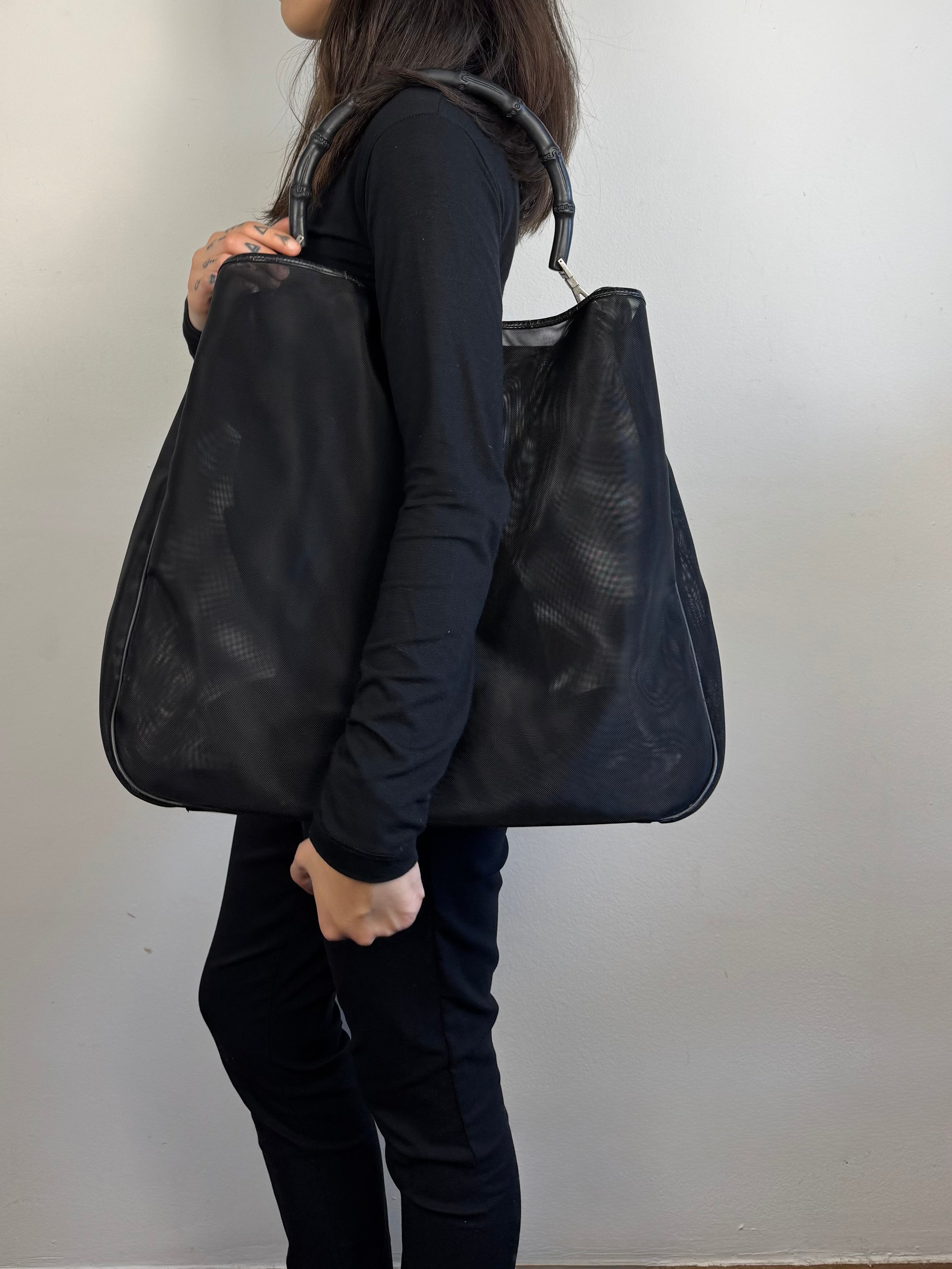 Gucci Mesh Bamboo Tote Bag in Black with Pouch