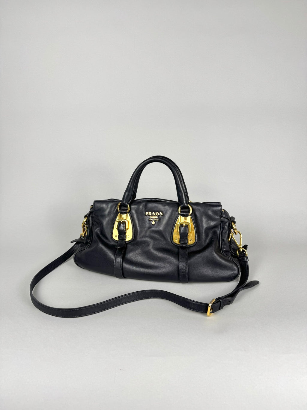 Prada Satchel Soft Calfskin Trimmed Leather Black