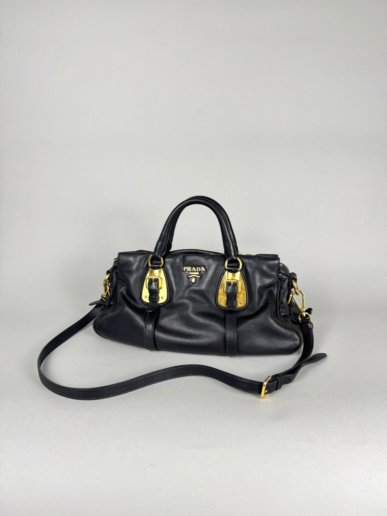 Prada Satchel Soft Calfskin Trimmed Leather Black