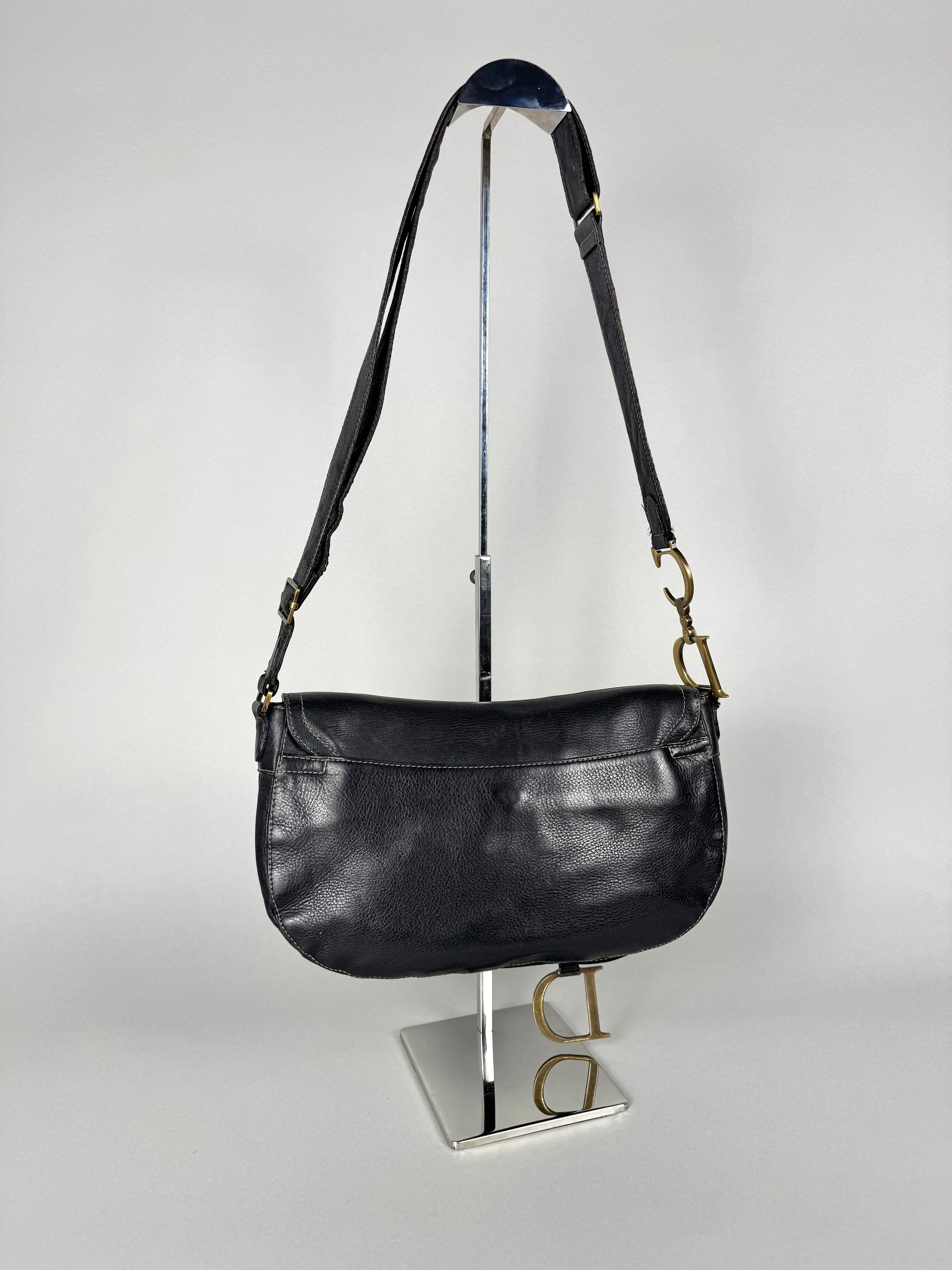 Christian Dior Vintage Double Baudrier Saddle Bag in Black Leather