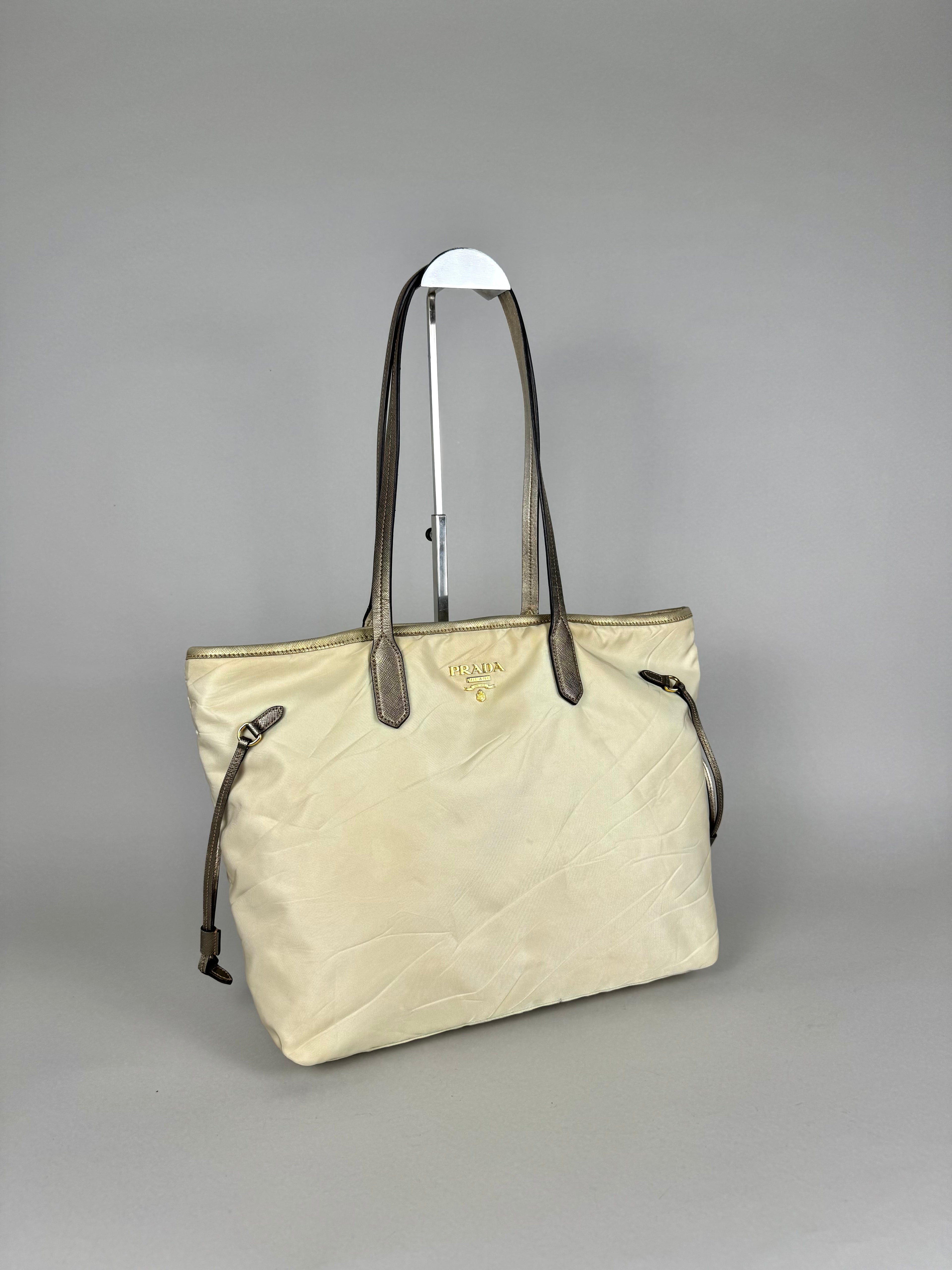 Prada Tessuto Nylon Saffiano Shopping Tote Off White