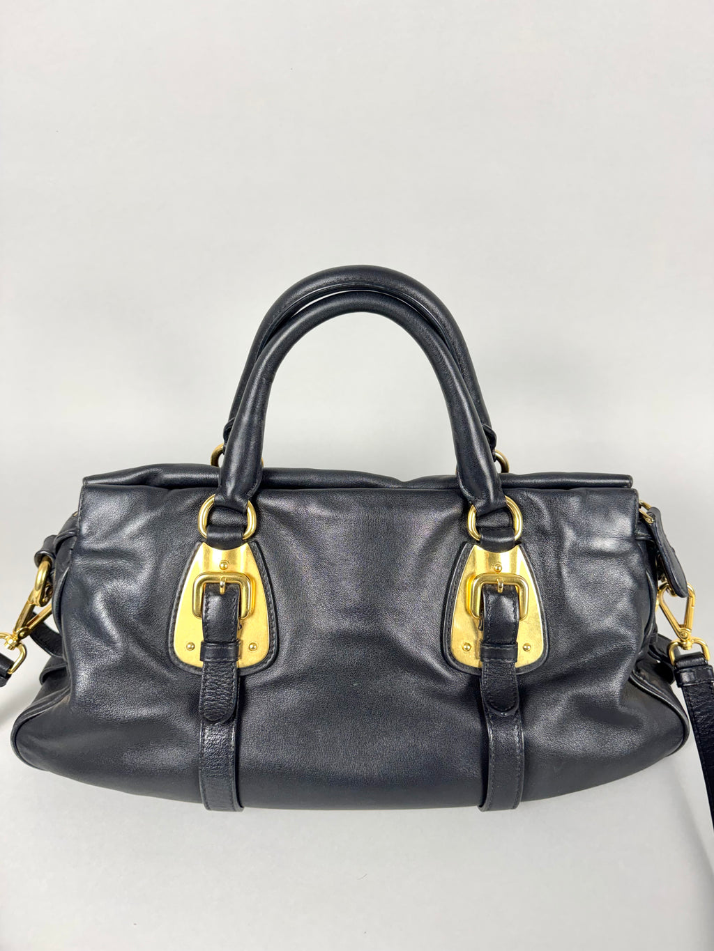 Prada Satchel Soft Calfskin Trimmed Leather Black