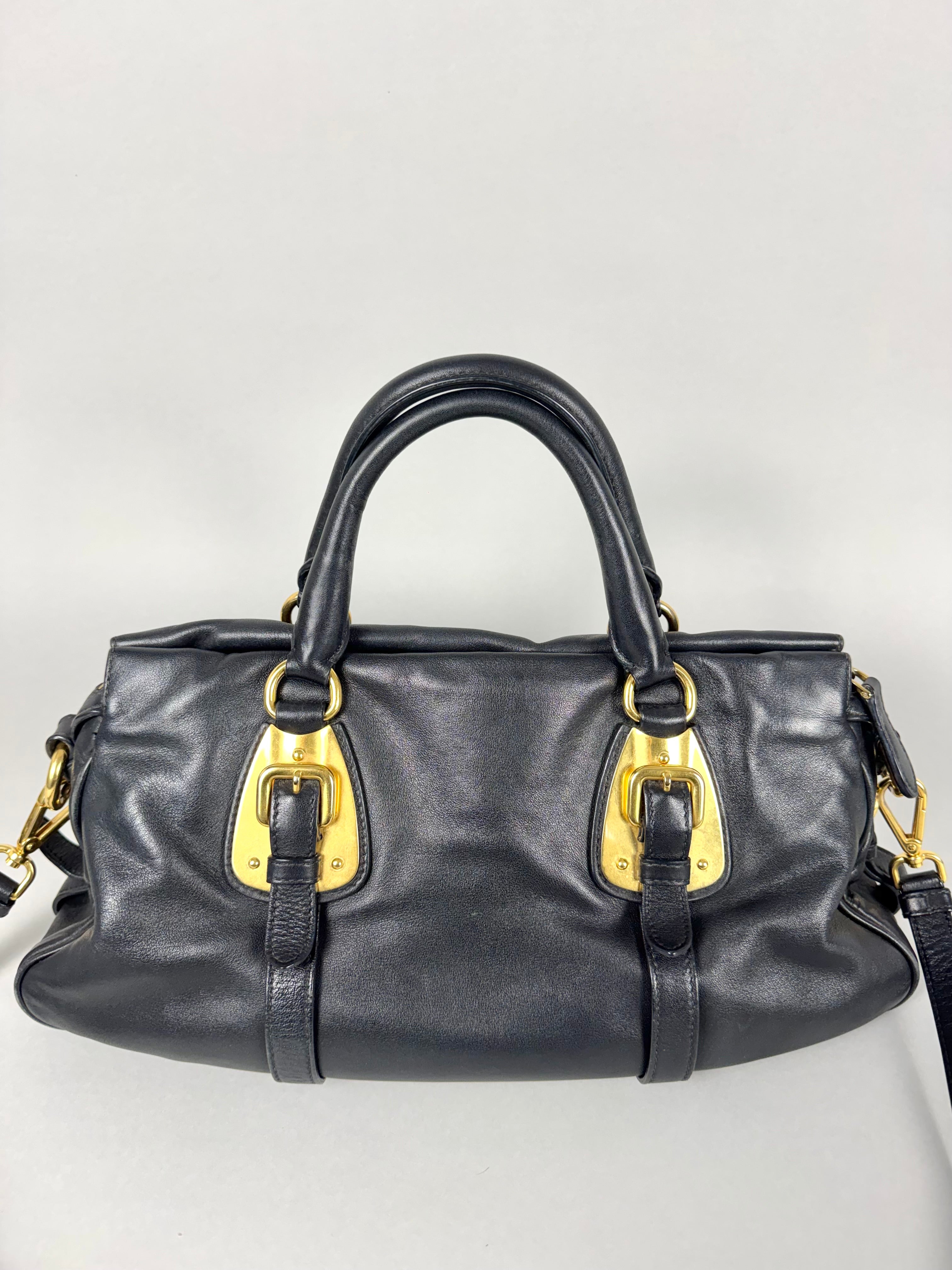 Prada Satchel Soft Calfskin Trimmed Leather Black