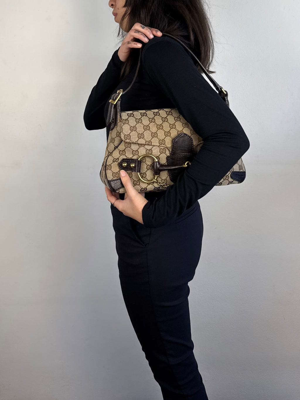 Gucci Monogram Horsebit Chain Flap Brown