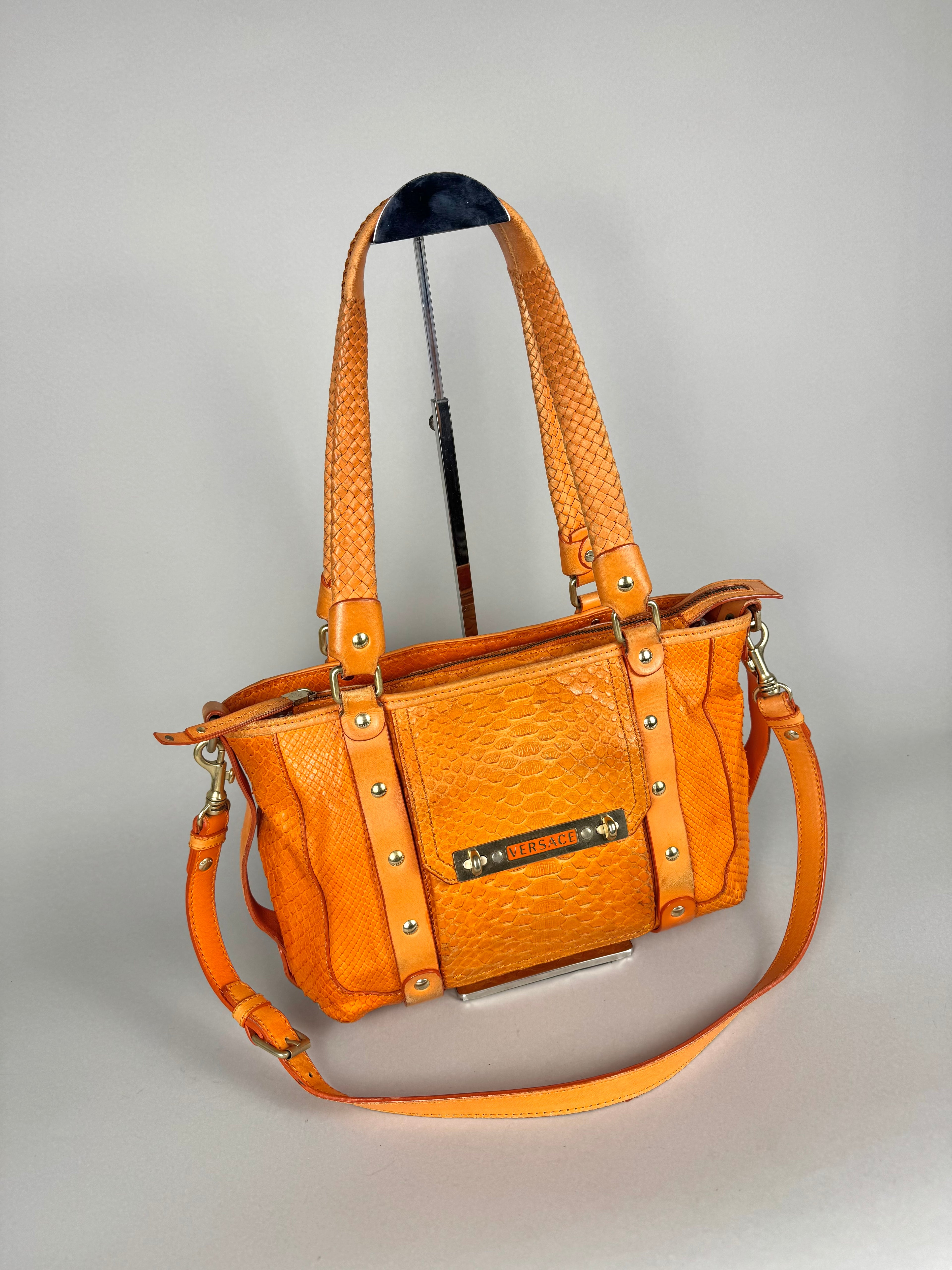 Versace Orange Python and Leather Tote
