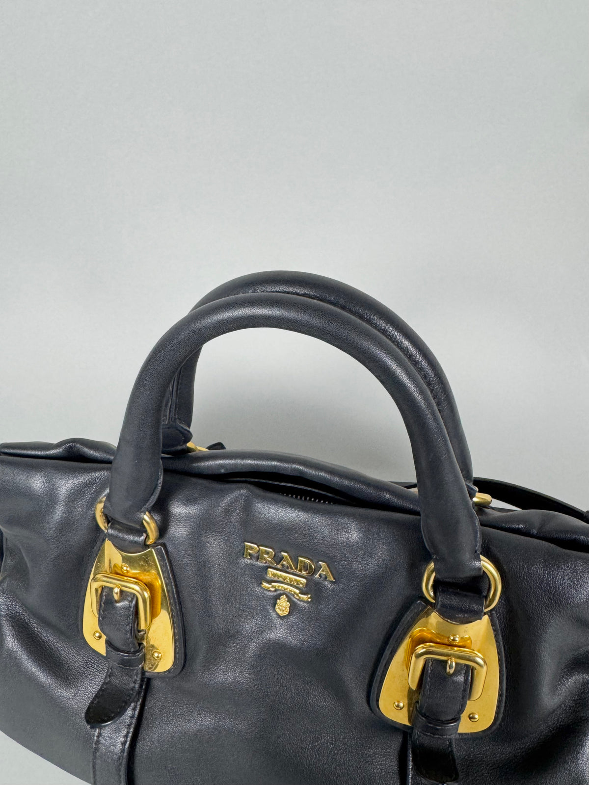 Prada Satchel Soft Calfskin Trimmed Leather Black