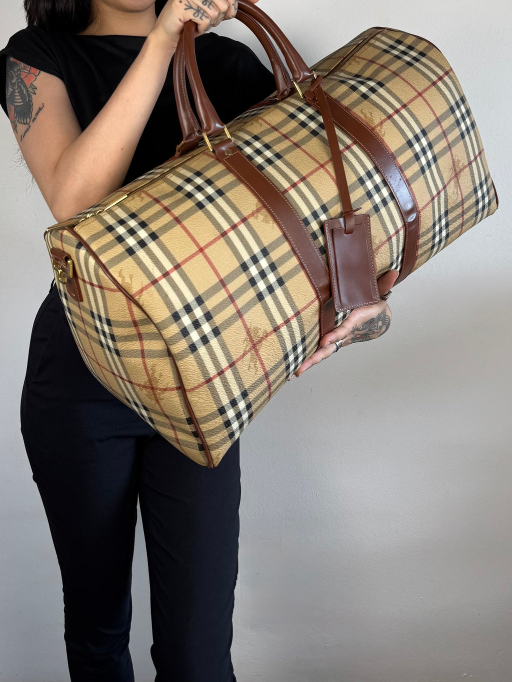 Burberry Brown Leather And Haymarket Check Coated Canvas Travel Duffel