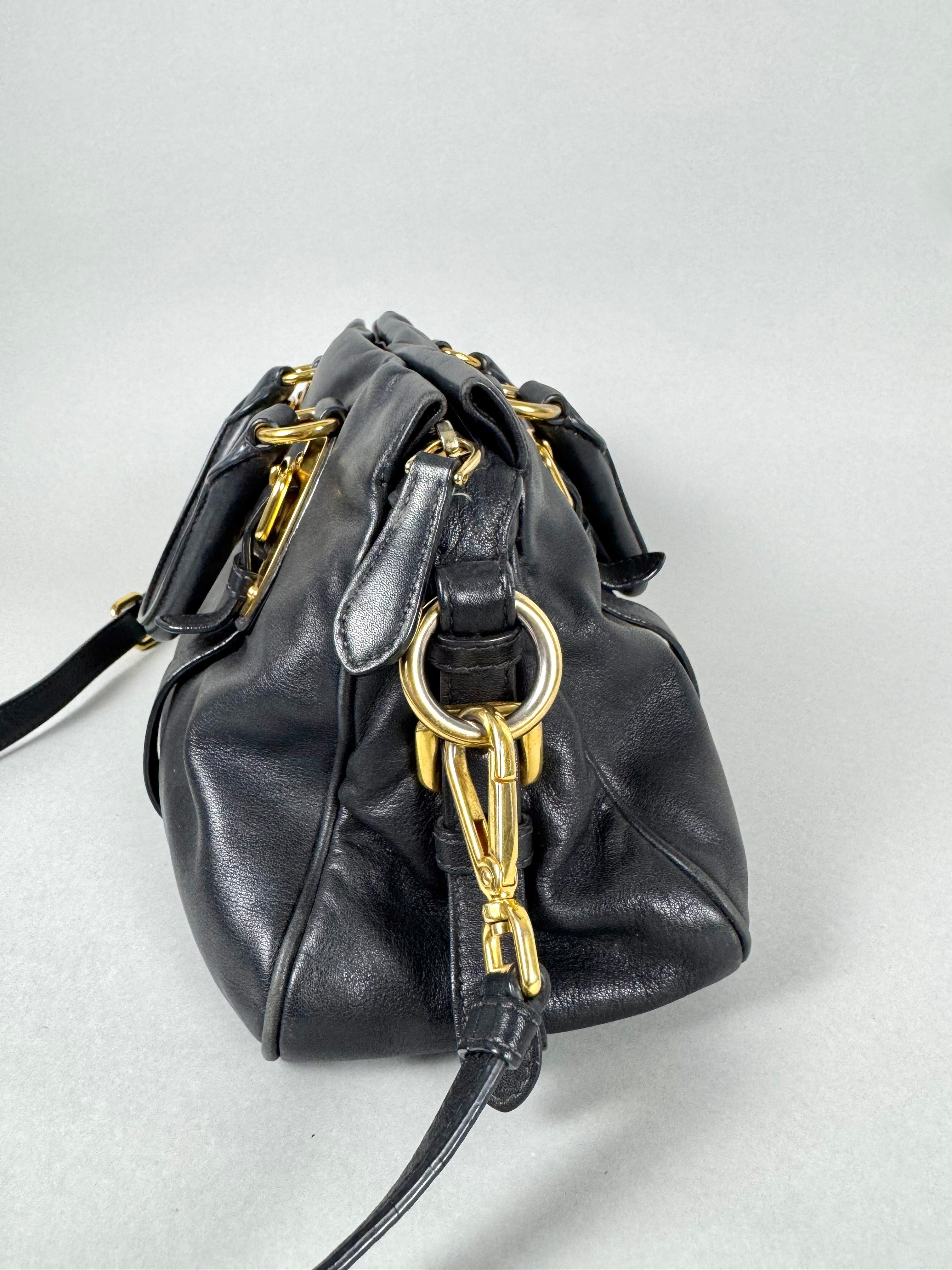 Prada Satchel Soft Calfskin Trimmed Leather Black