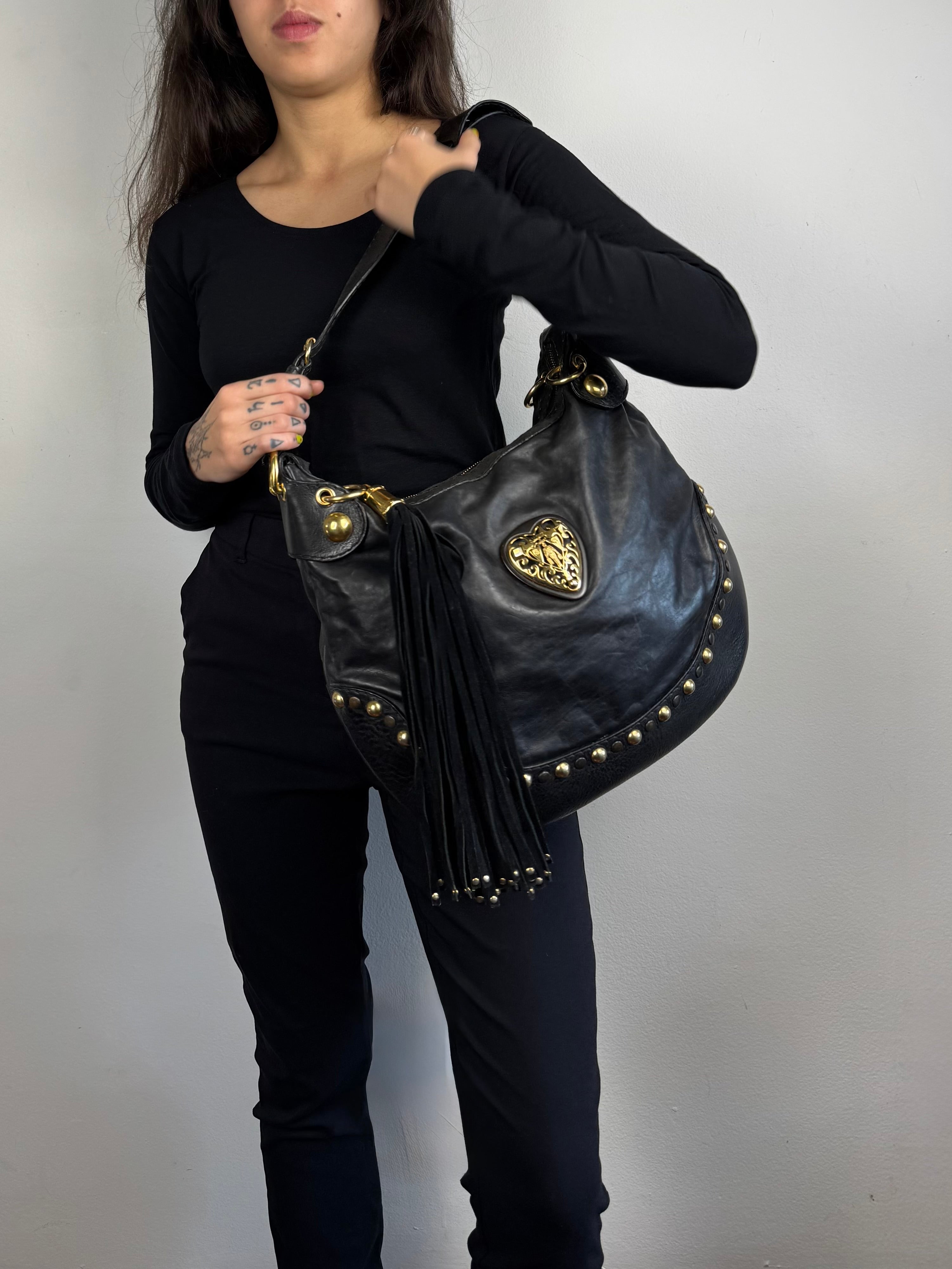 Gucci Babushka Studded Heart Hobo Leather Black