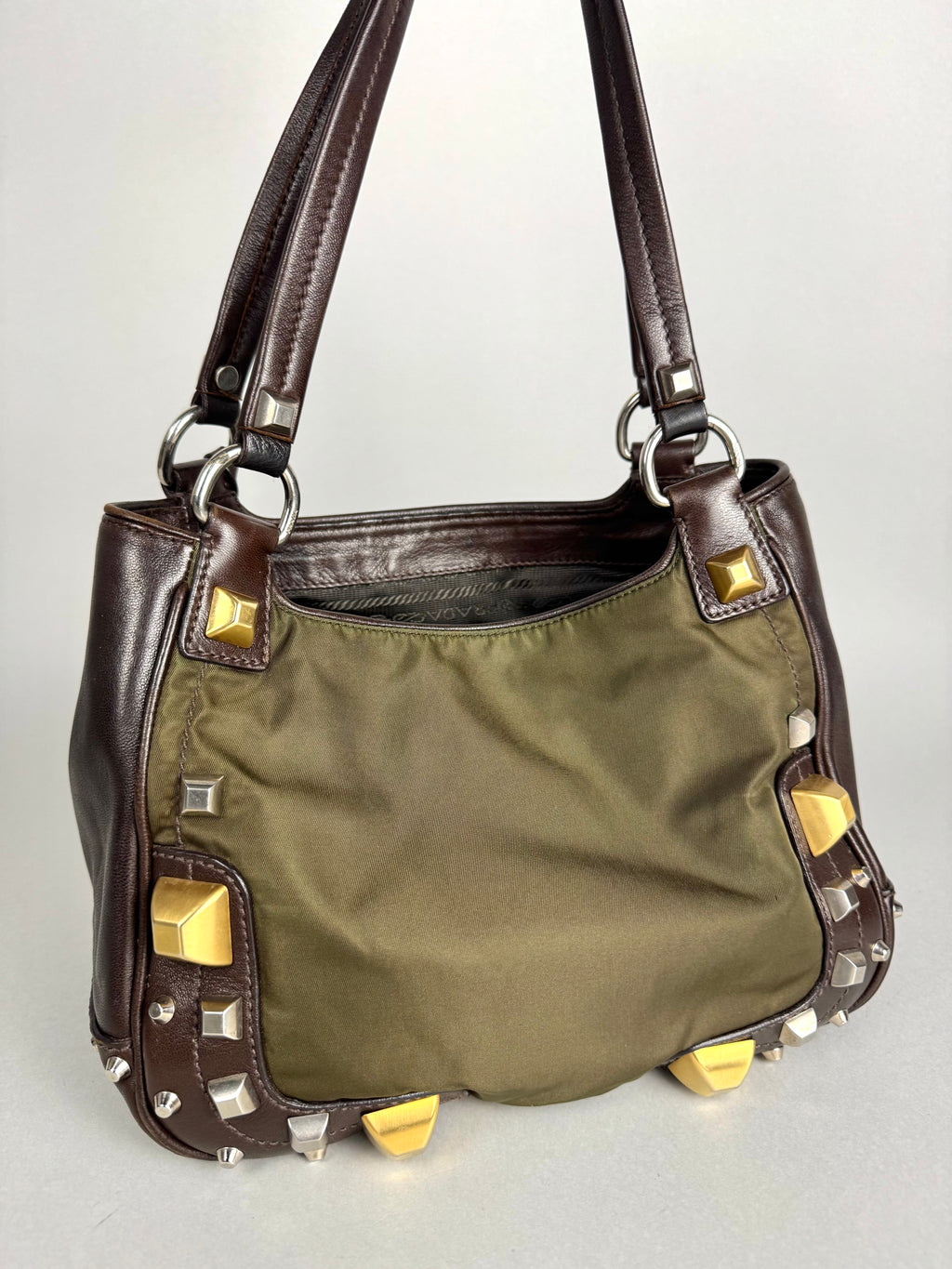 Prada Brown Studded Leather Green Dark Brown Pony-style Calfskin