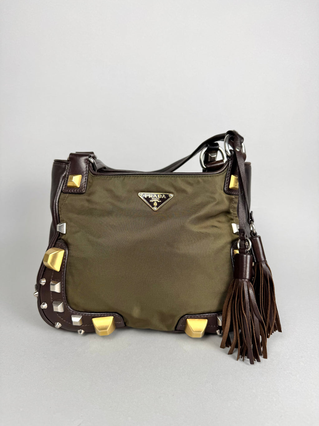 Prada Brown Studded Leather Green Dark Brown Pony-style Calfskin