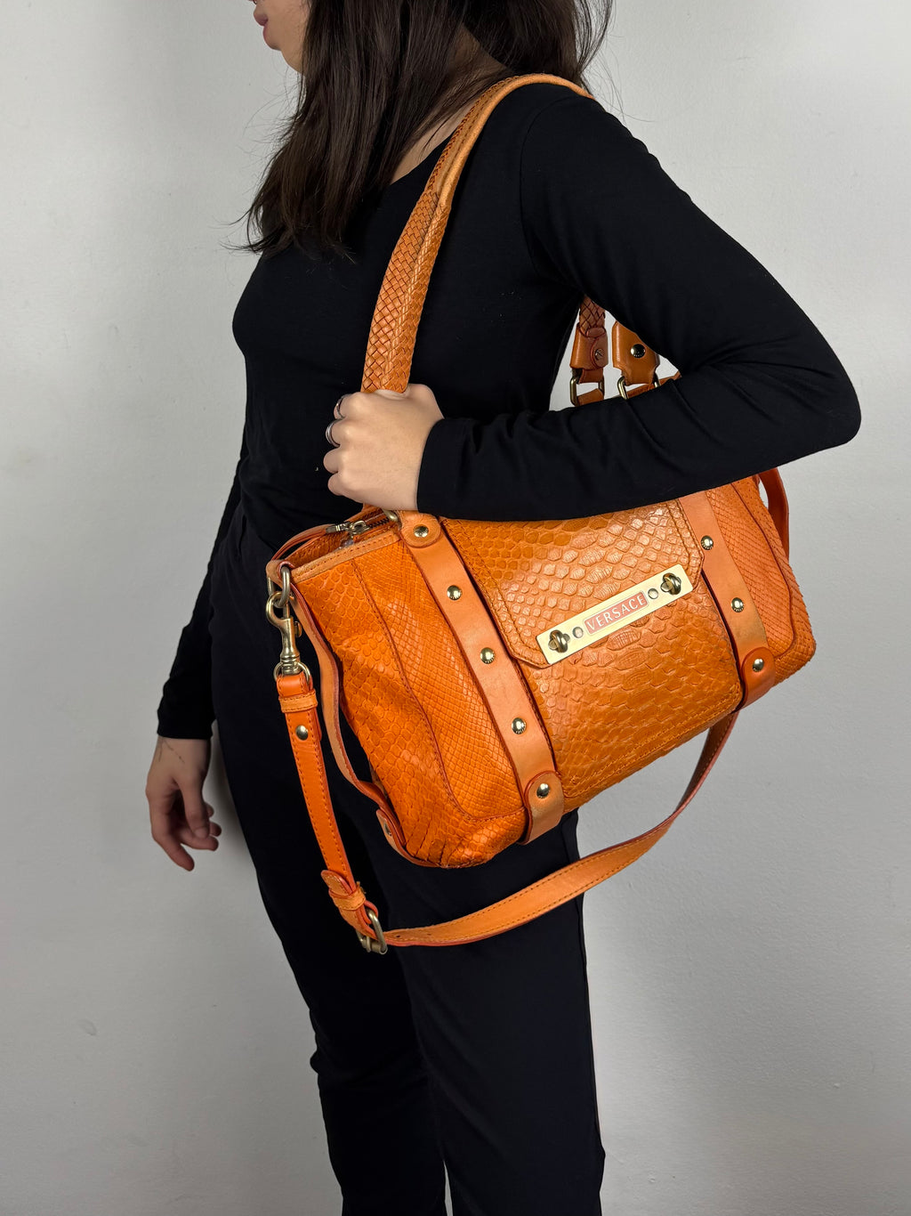 Versace Orange Python and Leather Tote