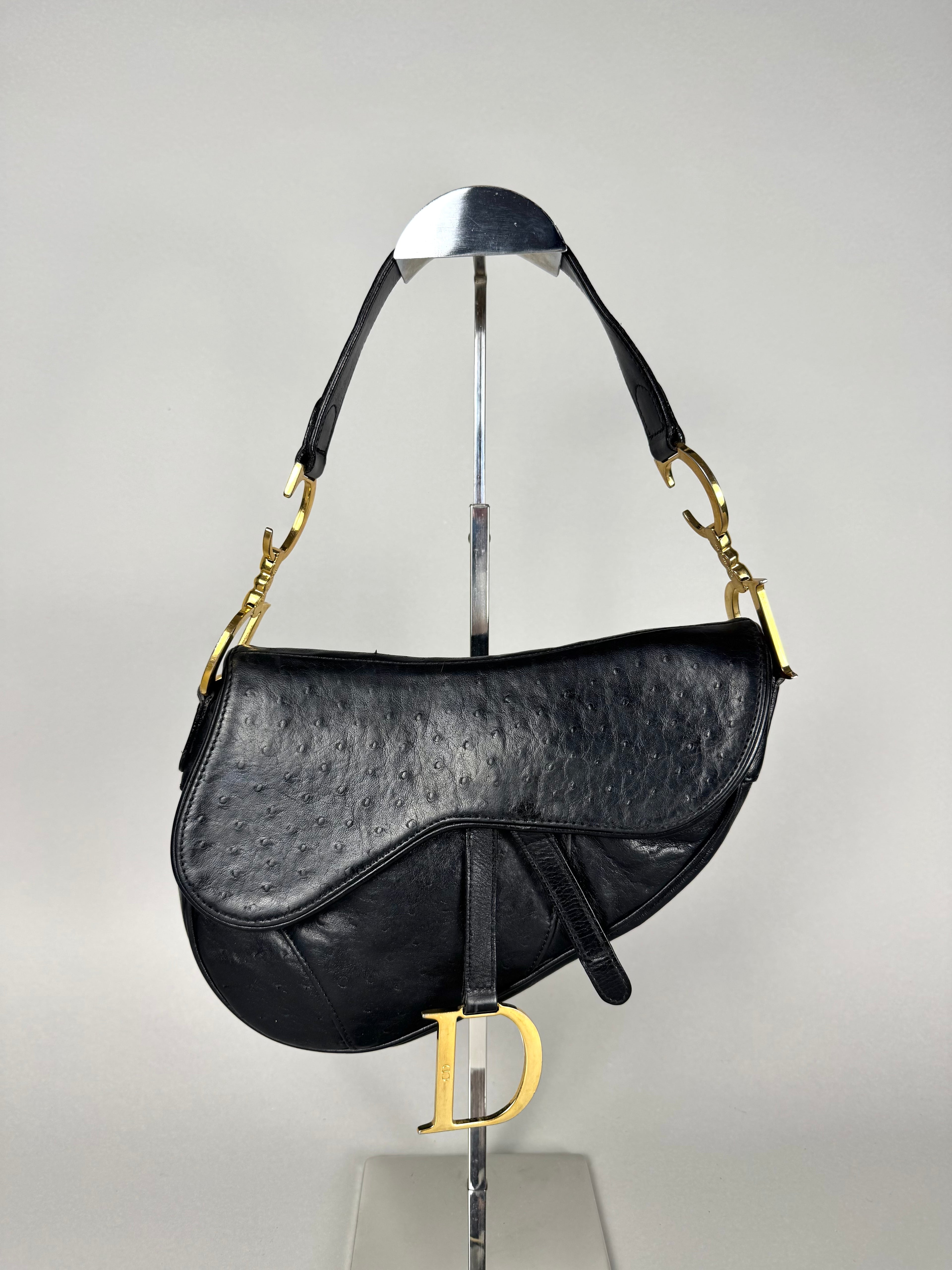 Christian Dior Saddle Ostrich Leather Black