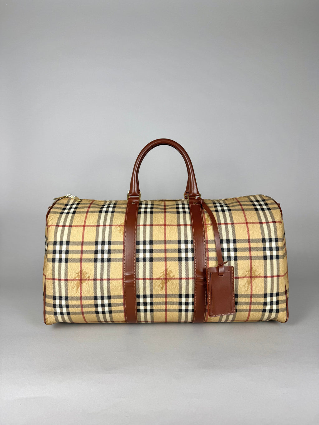 Burberry Brown Leather And Haymarket Check Coated Canvas Travel Duffel