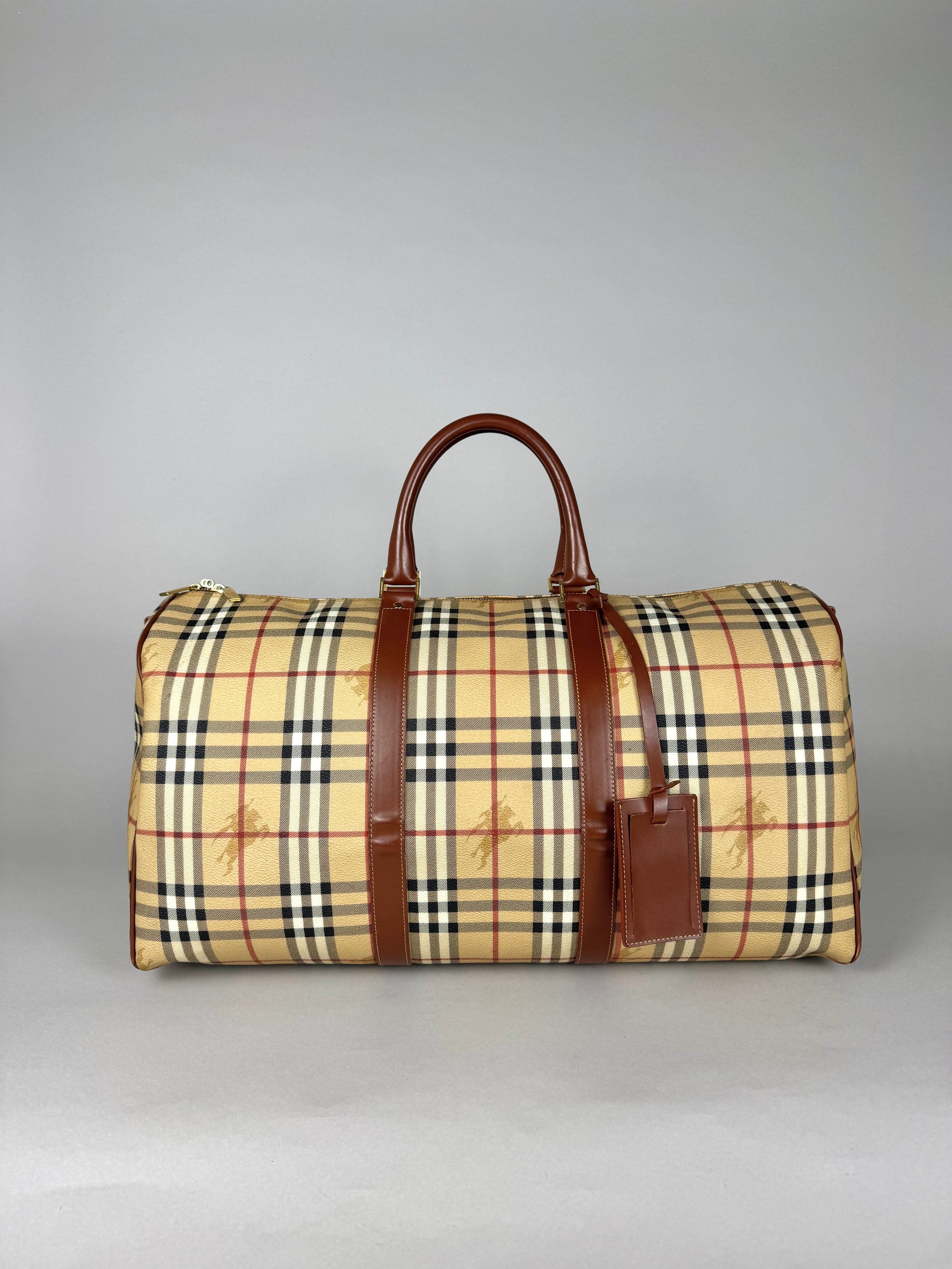 Burberry Brown Leather And Haymarket Check Coated Canvas Travel Duffel