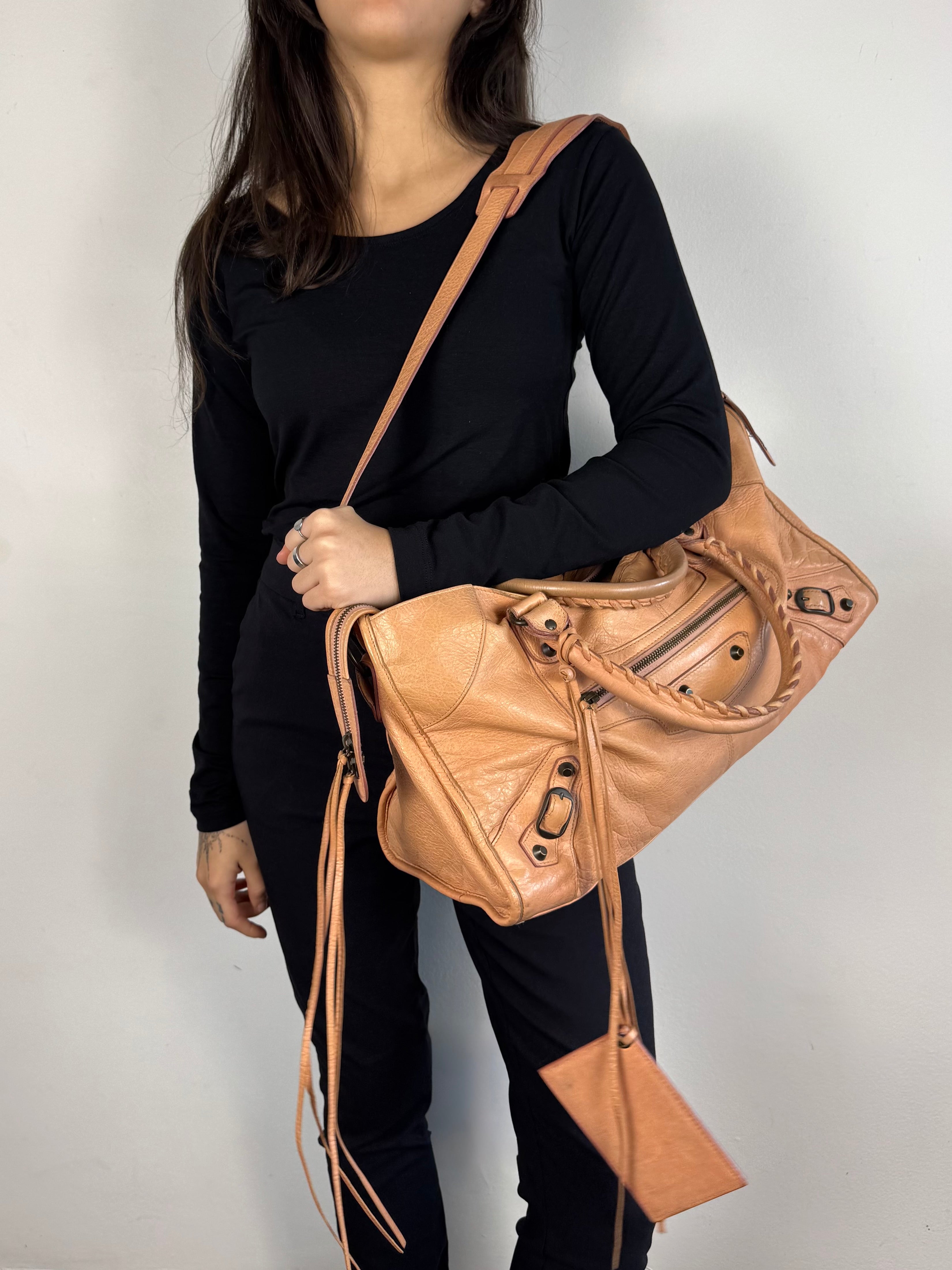 Balenciaga Cumin Lambskin Leather Motorcycle Part-Time Bag