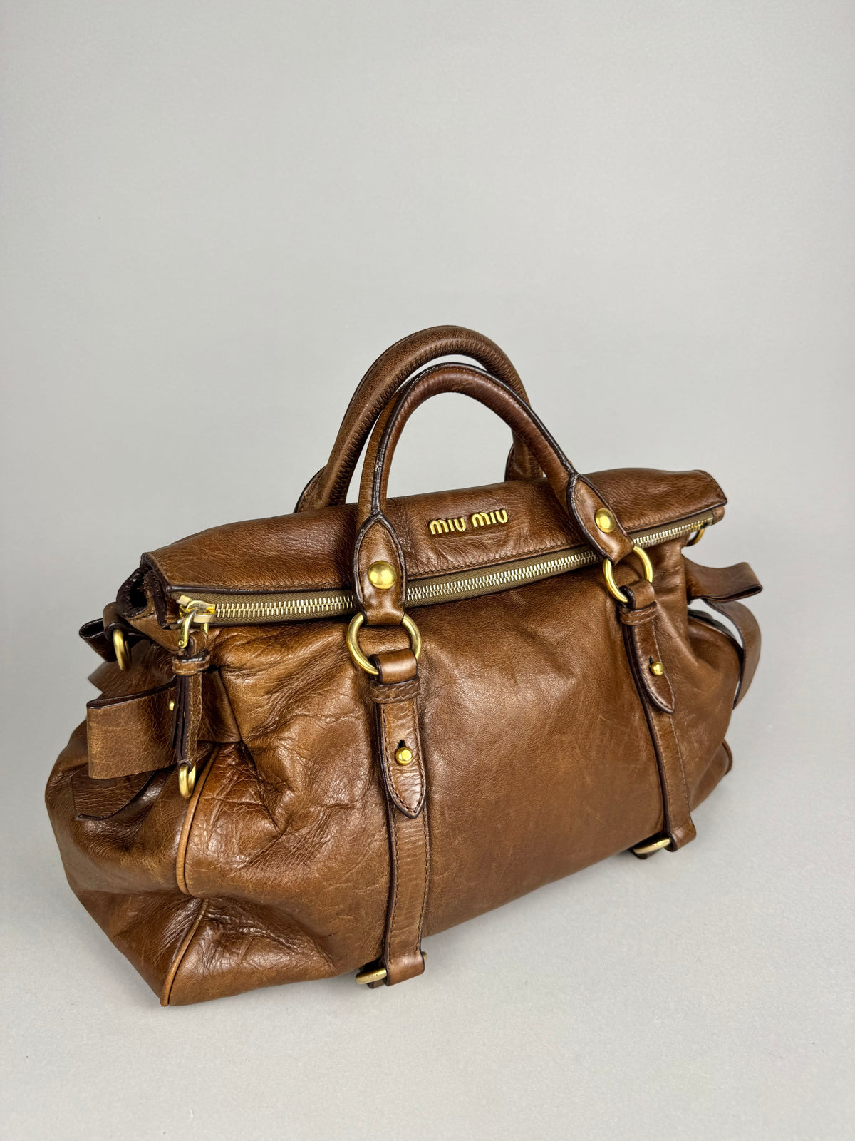 Miu Miu Lux Bow Vitello Leather Brown Tote
