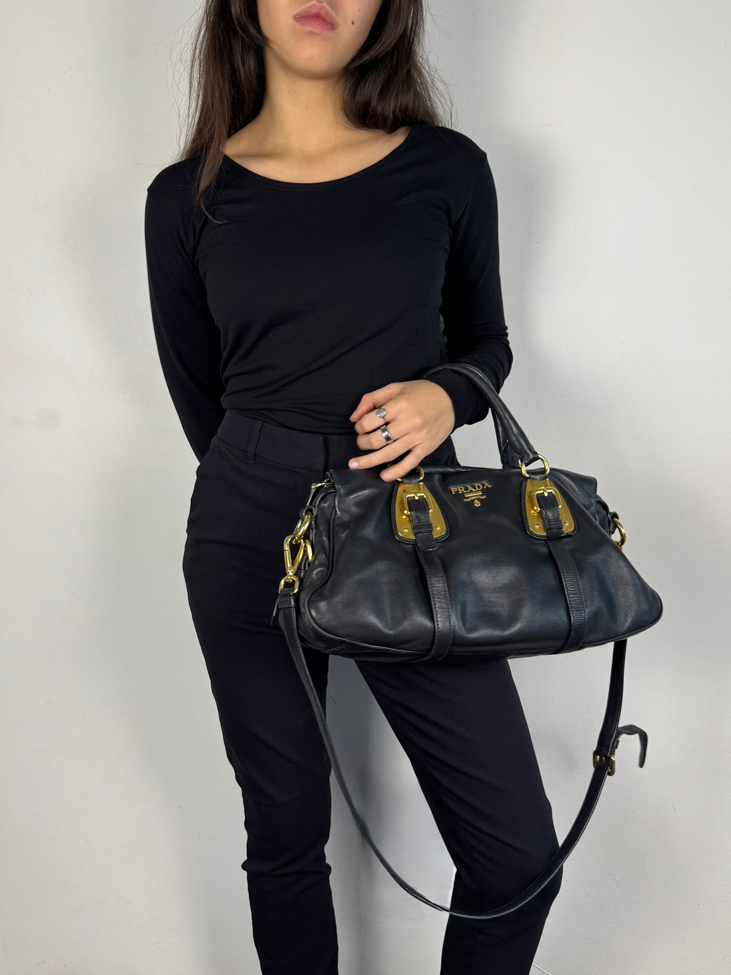 Prada Satchel Soft Calfskin Trimmed Leather Black
