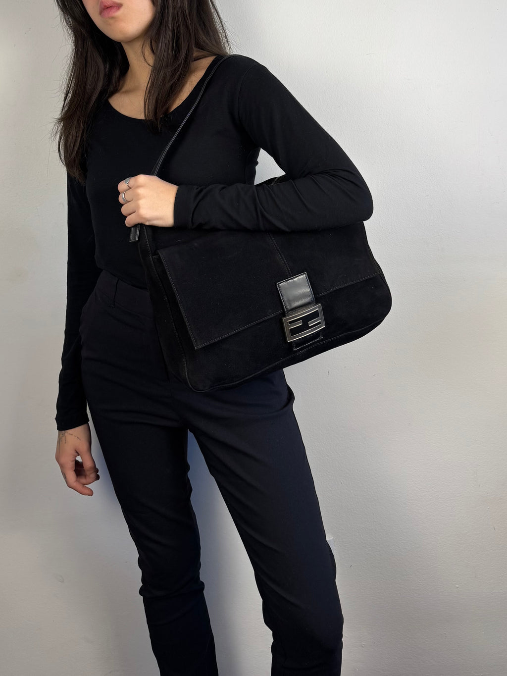 Fendi Mamma Baguette Black Suede Leather