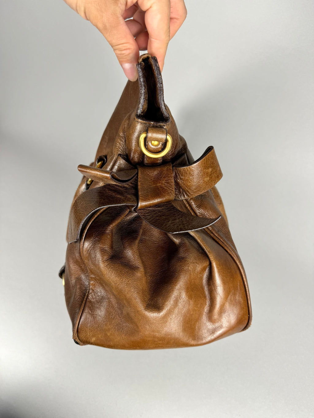 Miu Miu Lux Bow Vitello Leather Brown Tote