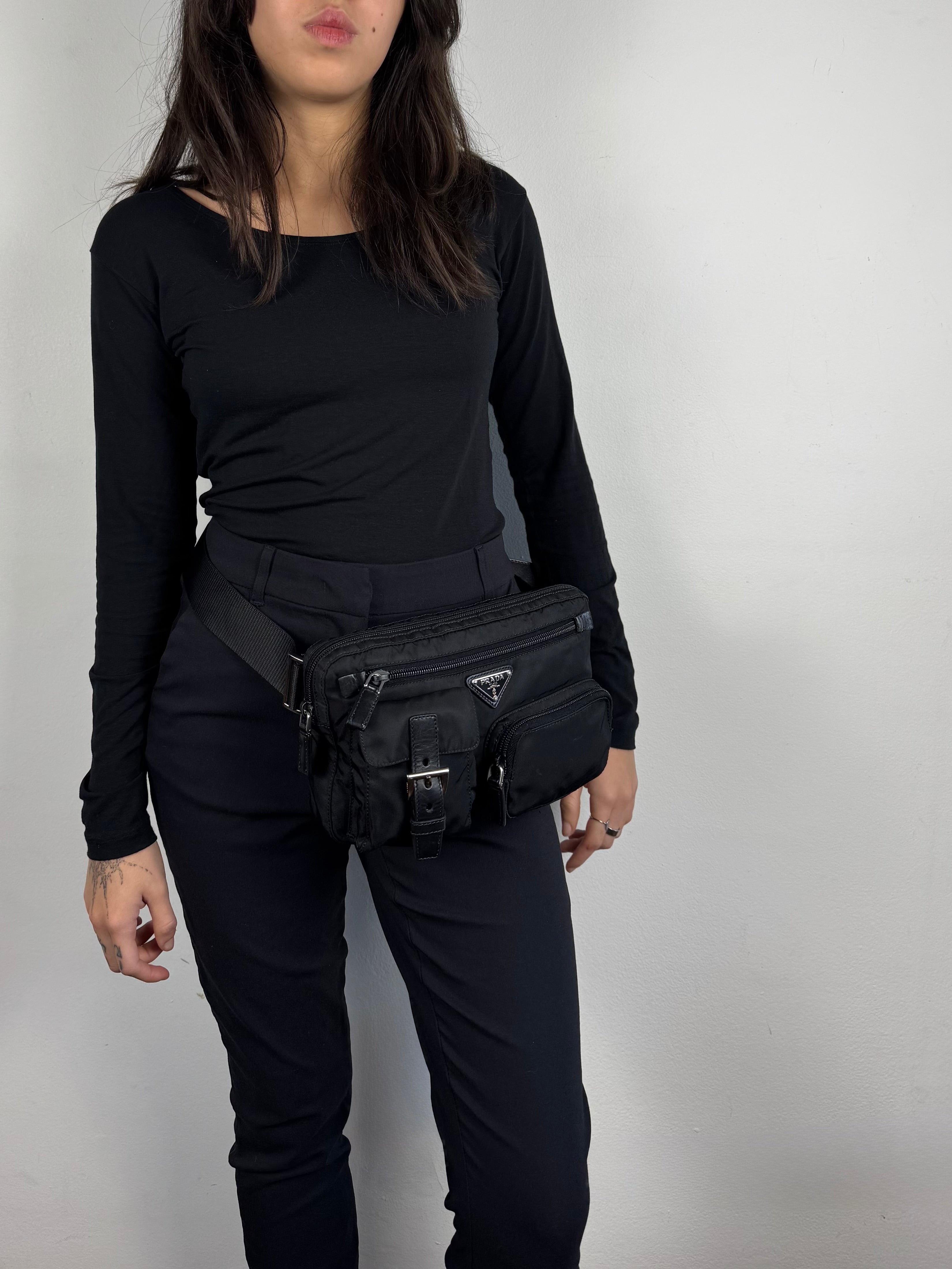 Prada Tessuto Nylon Black Saffiano Belt
