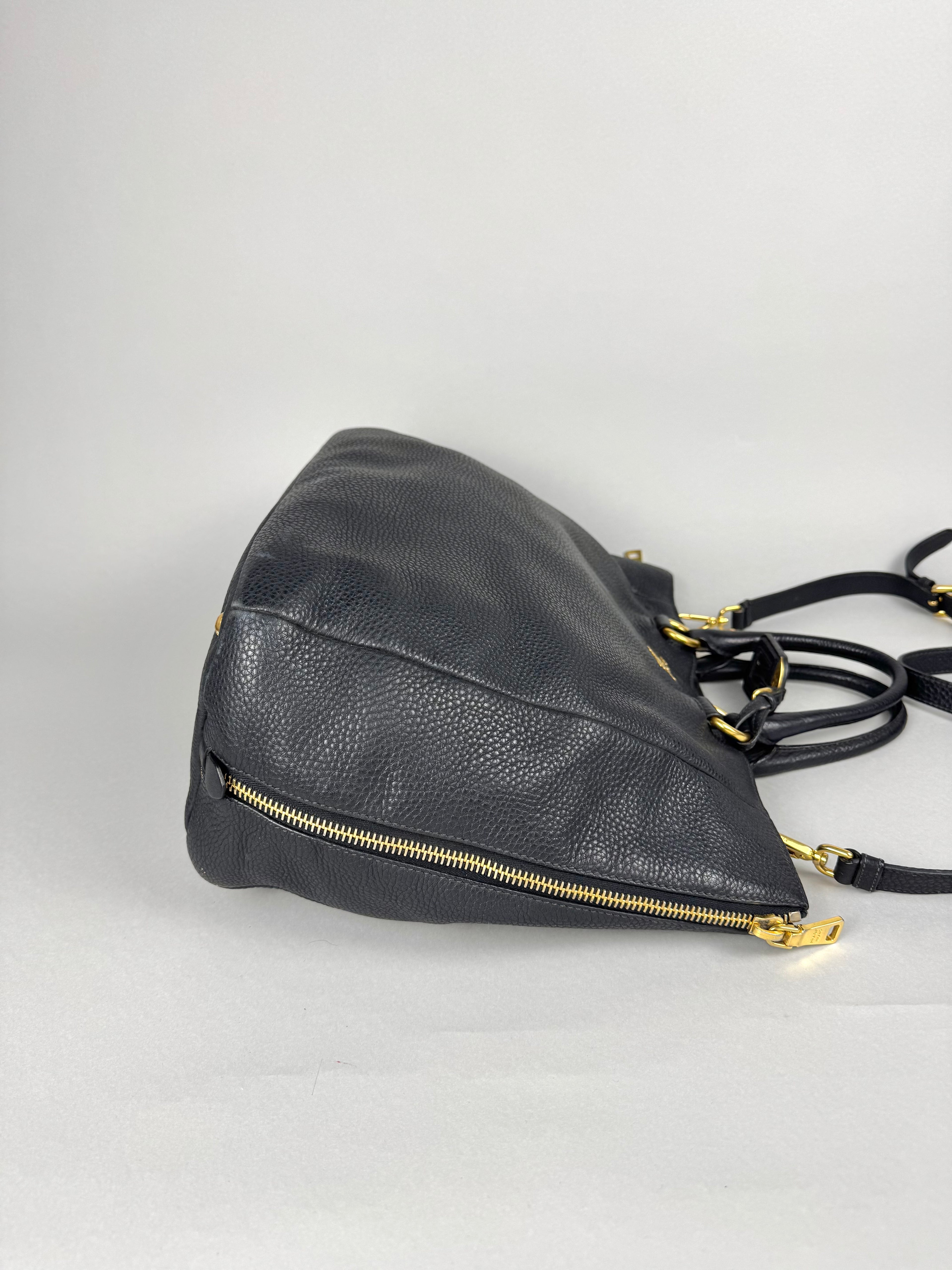 Prada Black Leather Vitello Diano Leather Side Zip Tote