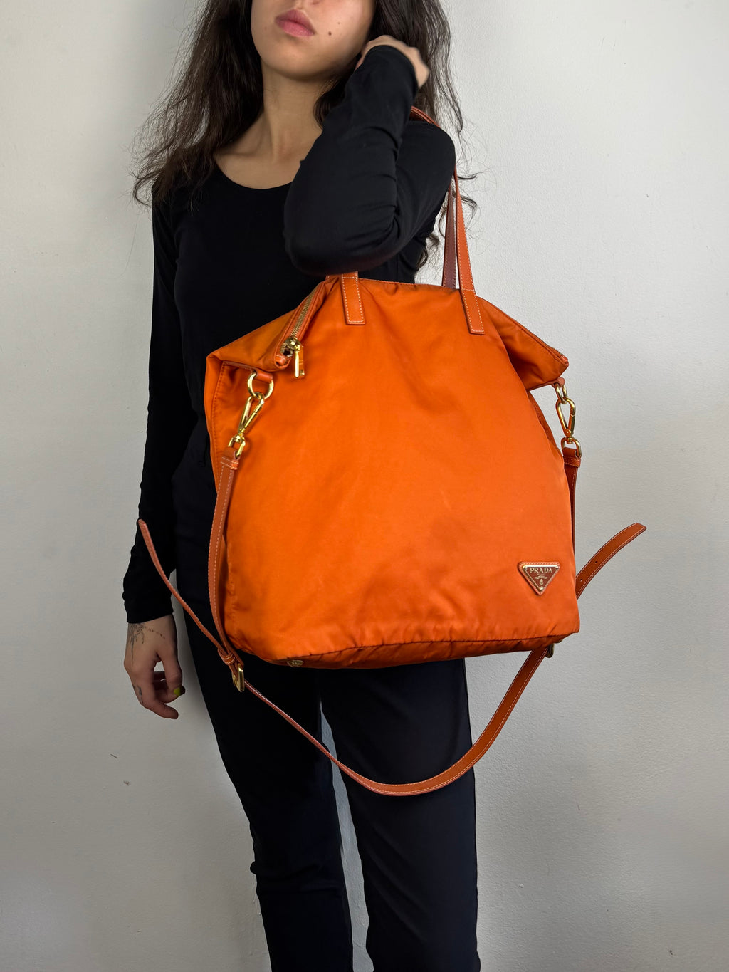 Prada Tessuto Orange Nylon With Leather Strap Tote Bag