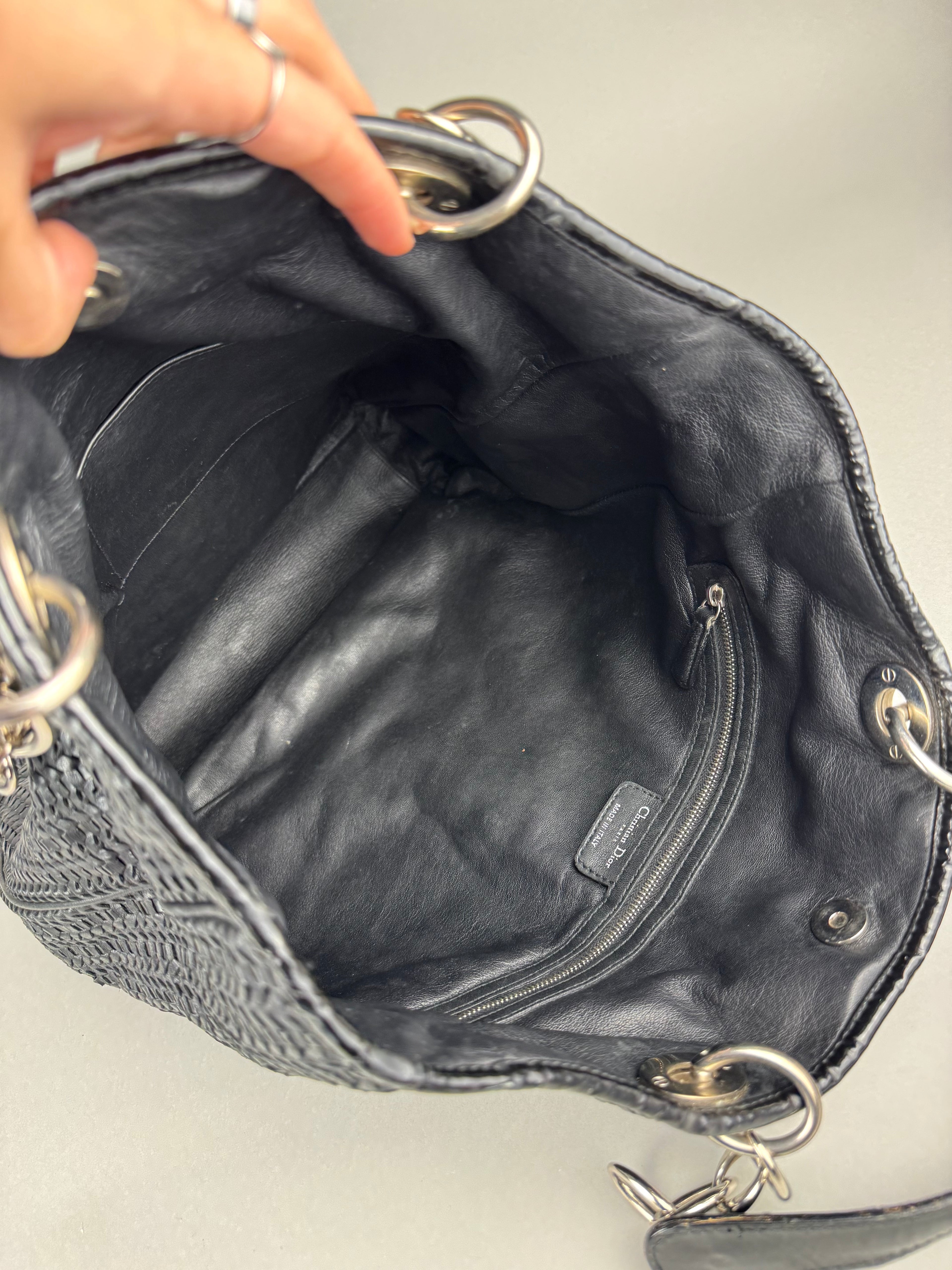 Christian Dior Black Woven Lambskin Leather Lady Dior Tote