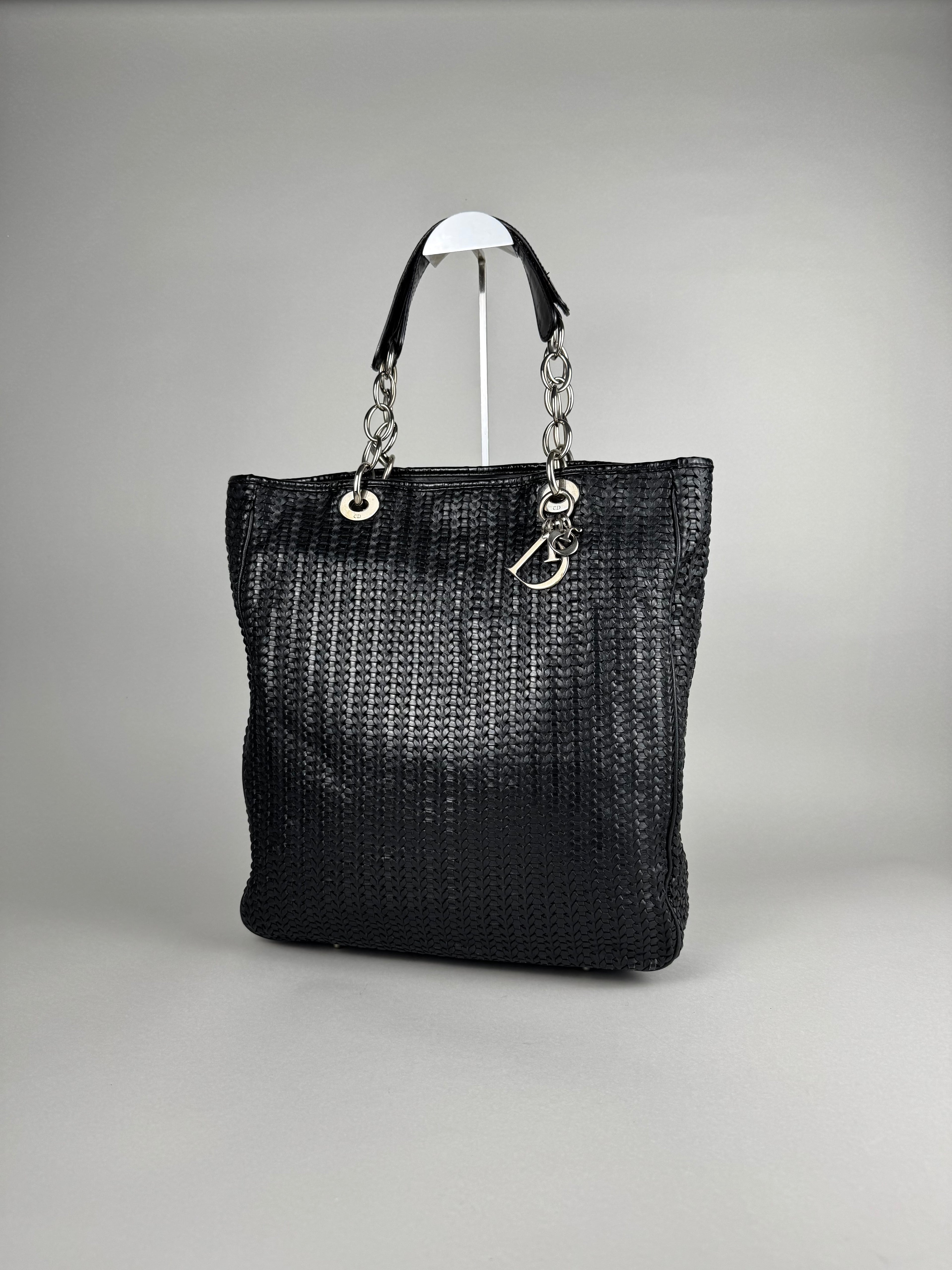 Christian Dior Black Woven Lambskin Leather Lady Dior Tote