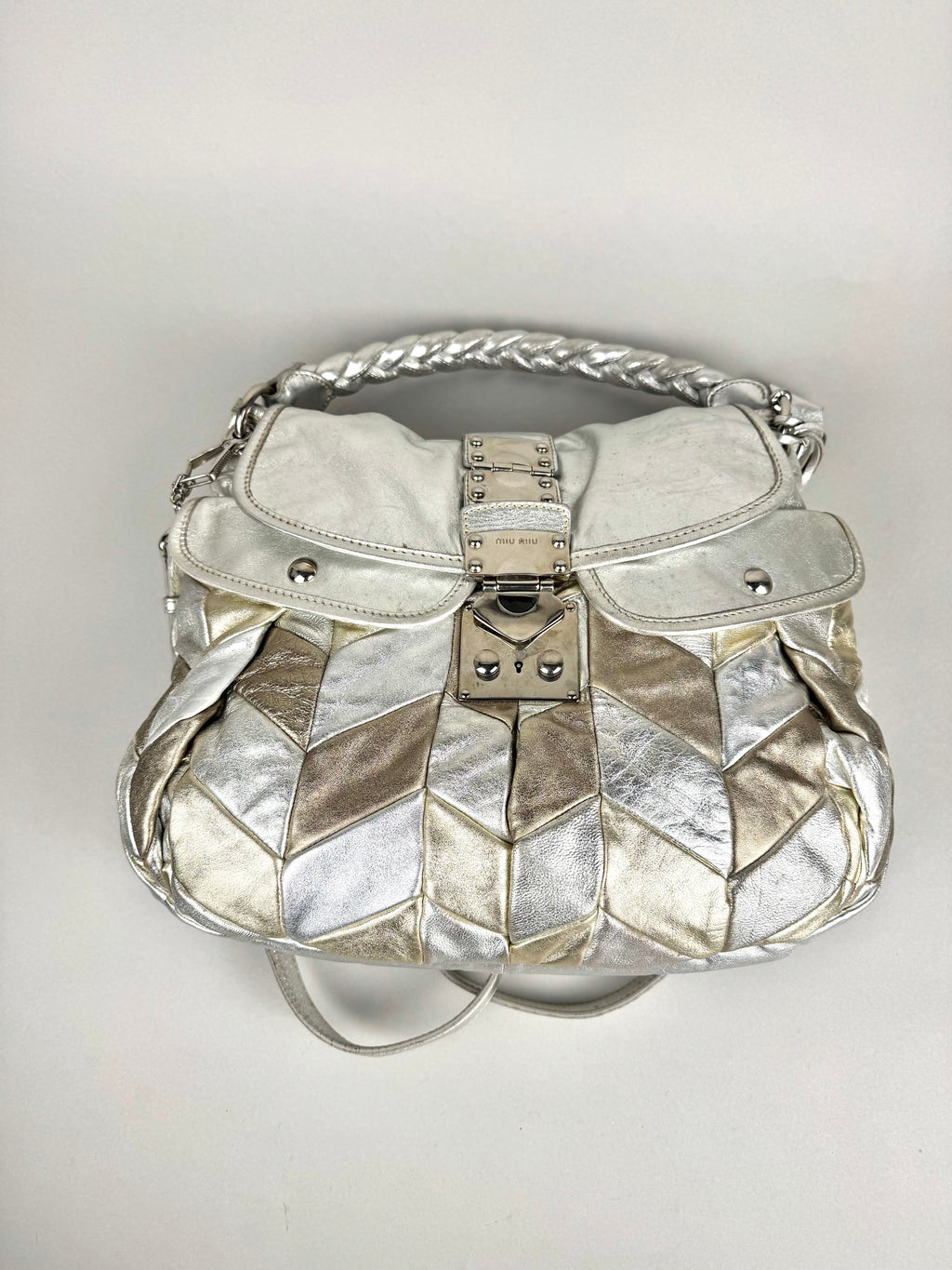 Miu Miu Silver Leather Harlequin Patchwork Coffer Matelass Hobo