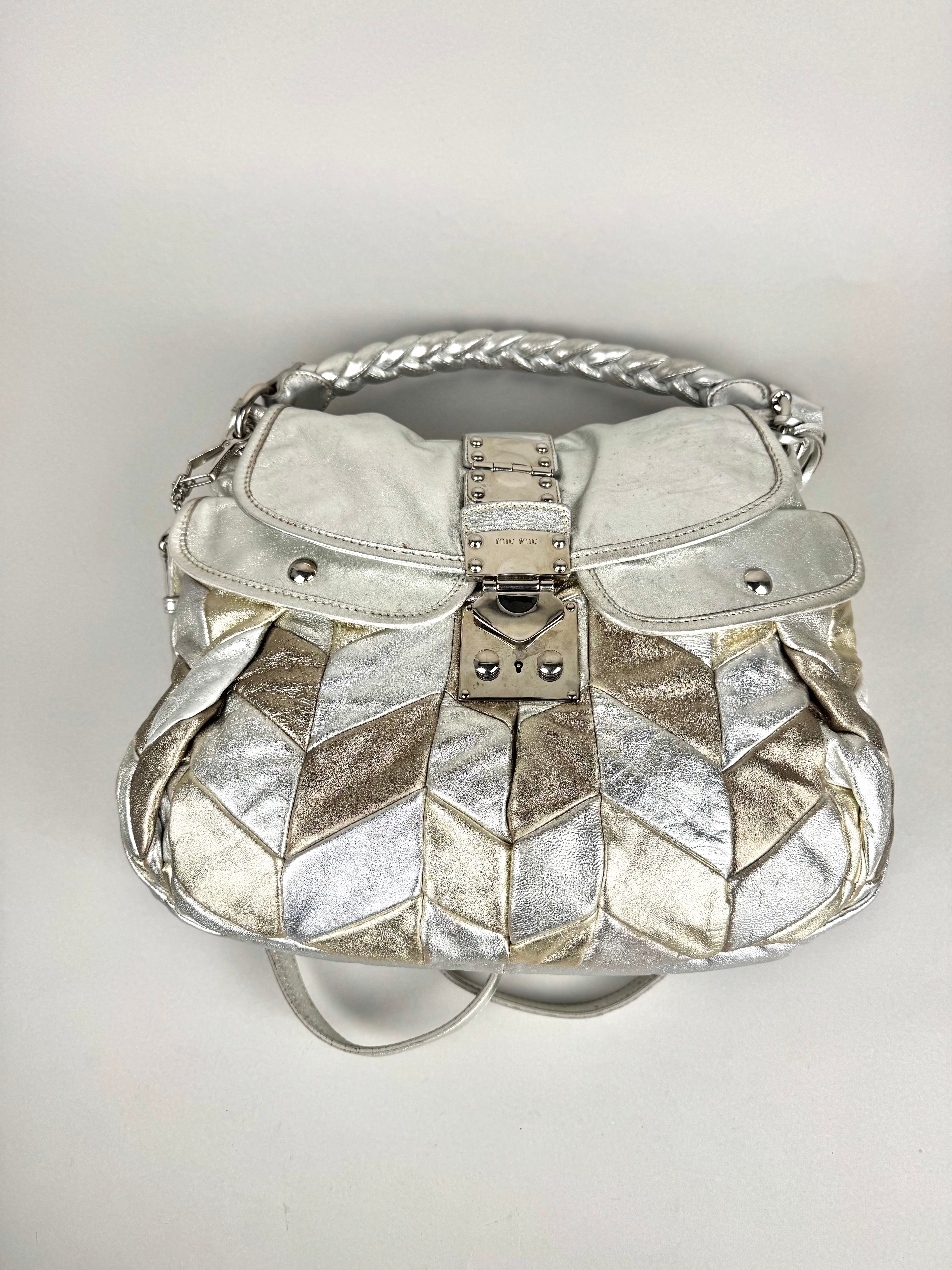 Miu Miu Silver Leather Harlequin Patchwork Coffer Matelass Hobo
