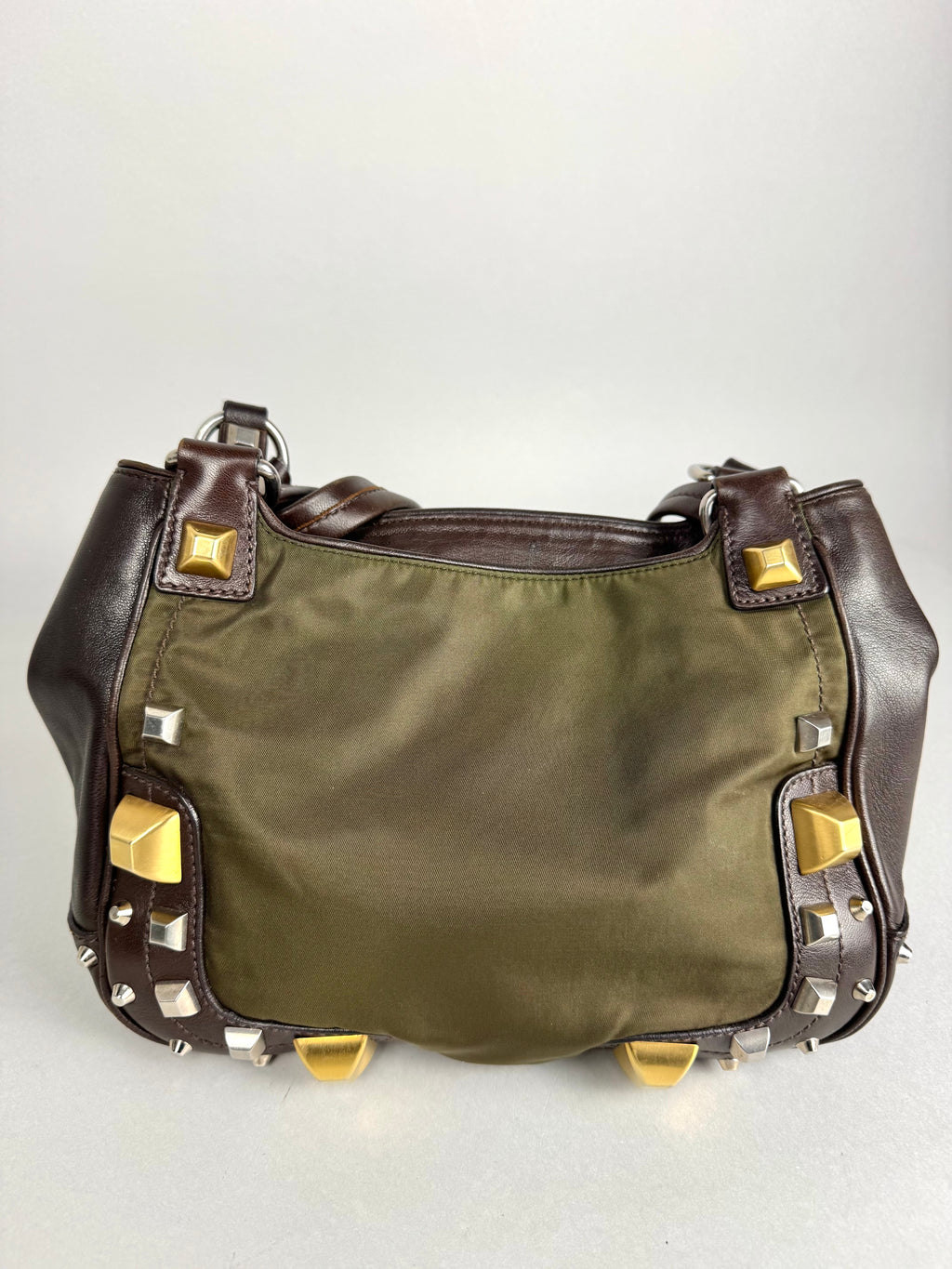 Prada Brown Studded Leather Green Dark Brown Pony-style Calfskin