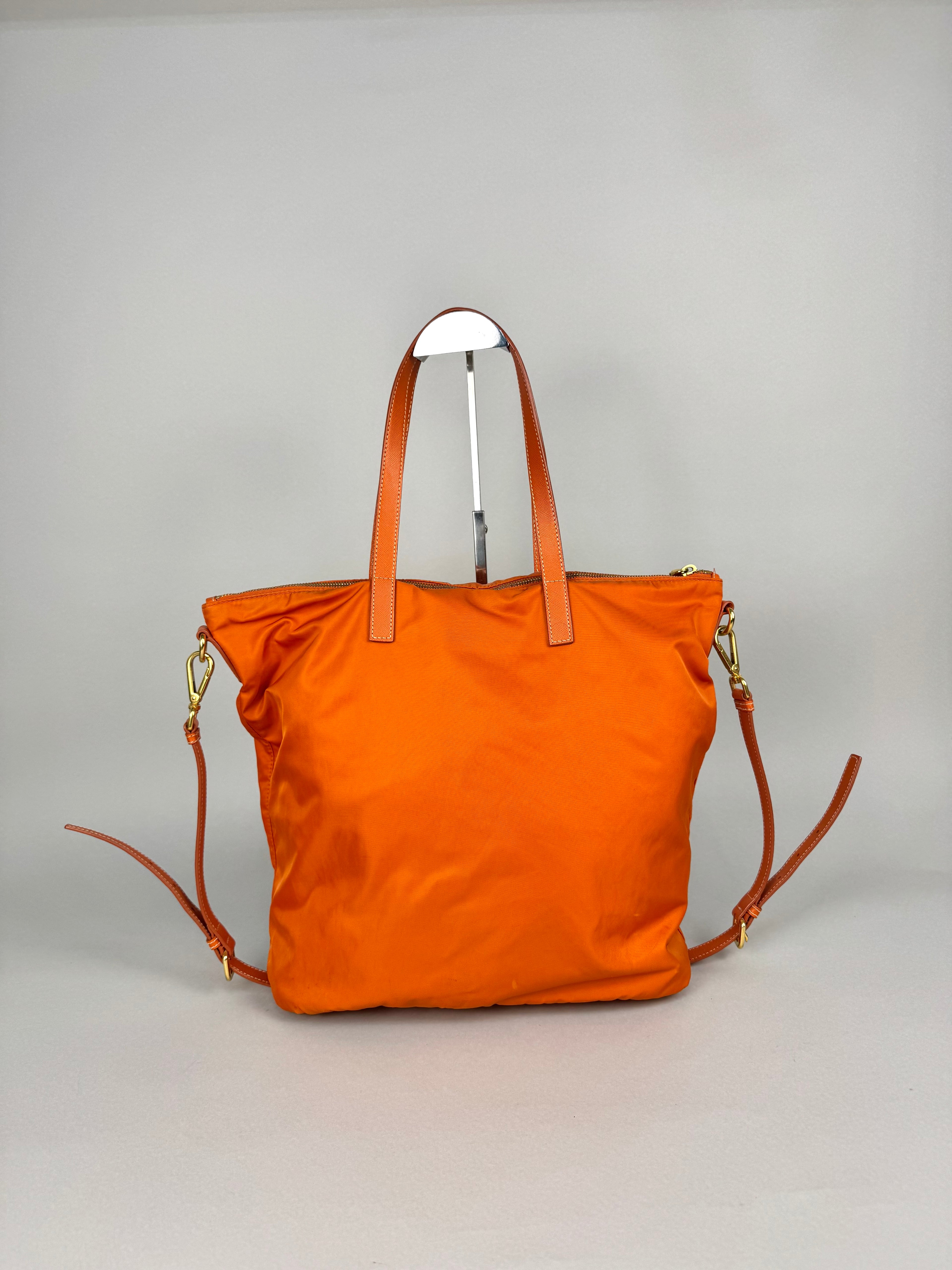 Prada Tessuto Orange Nylon With Leather Strap Tote Bag