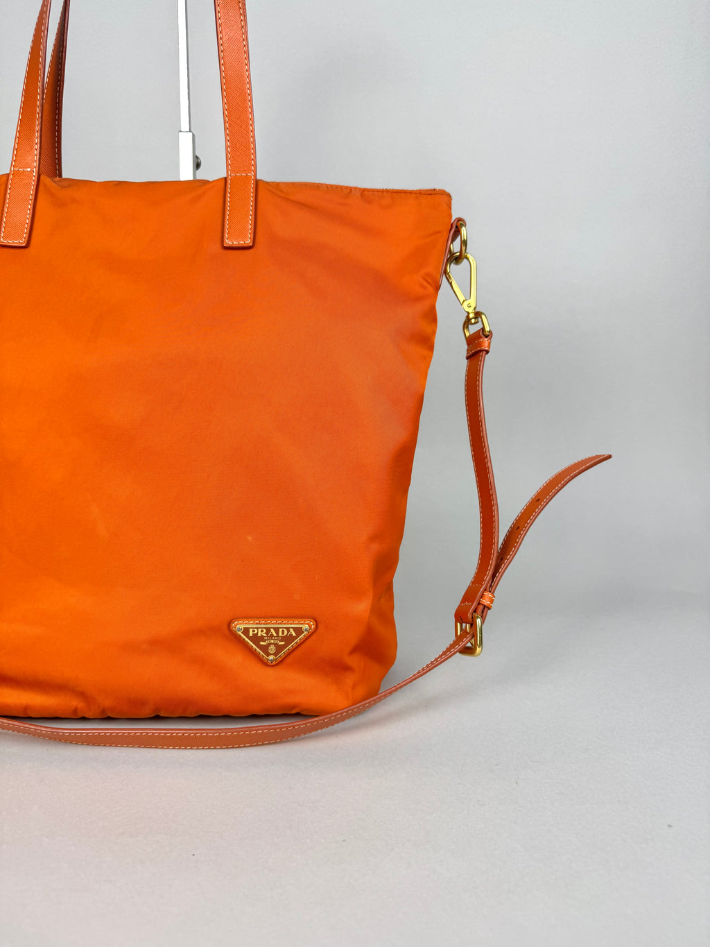Prada Tessuto Orange Nylon With Leather Strap Tote Bag