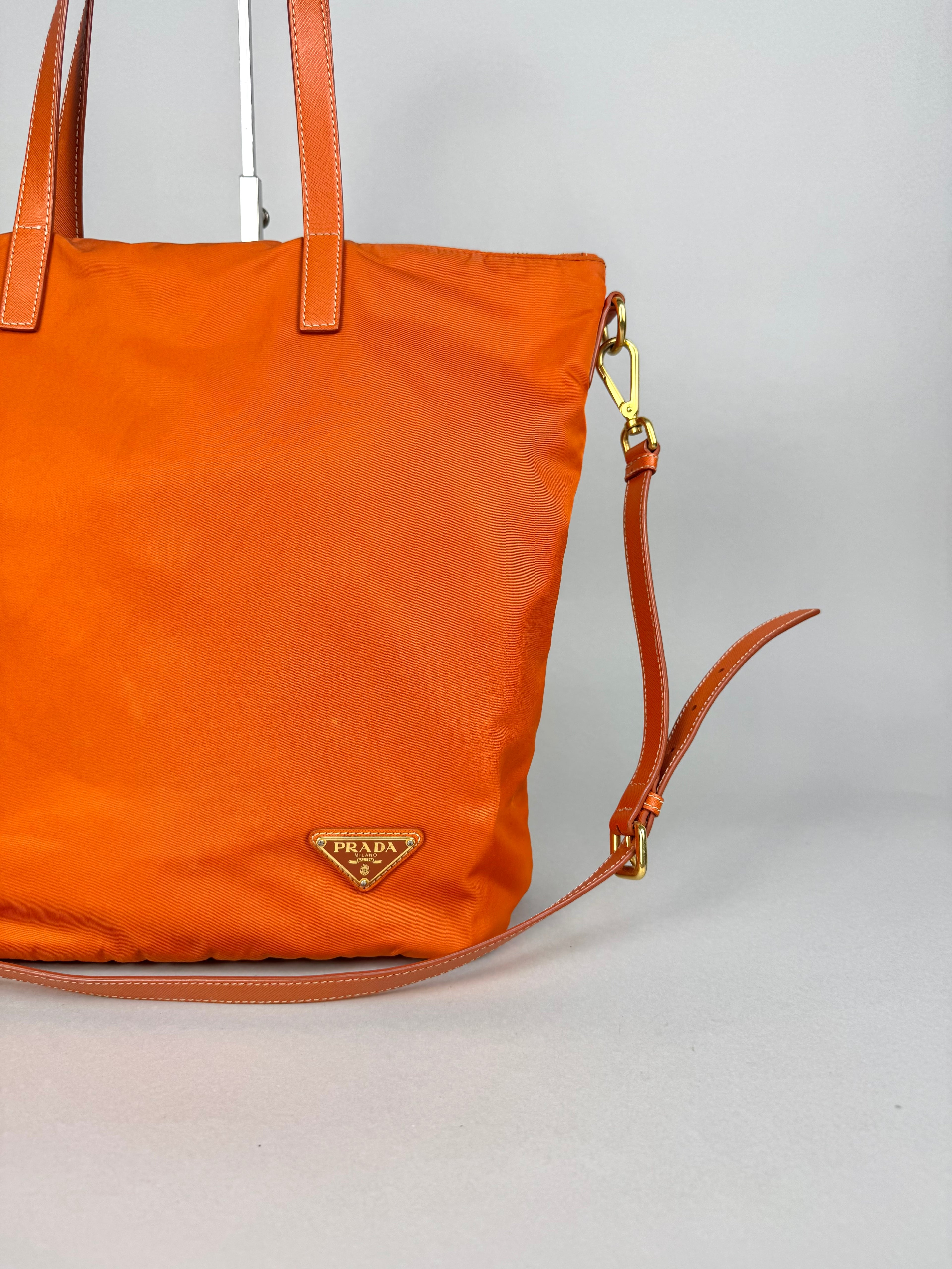 Prada Tessuto Orange Nylon With Leather Strap Tote Bag