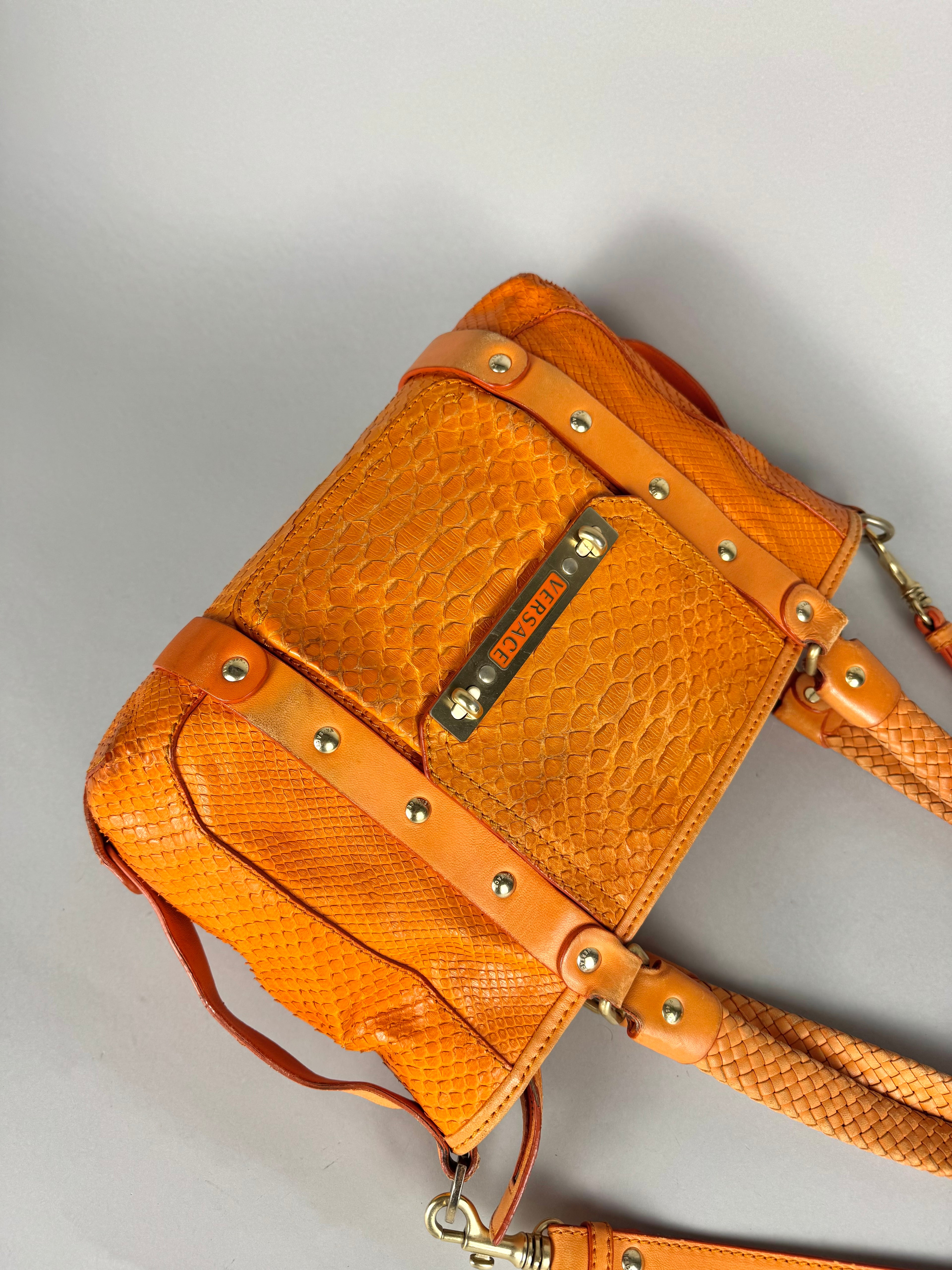 Versace Orange Python and Leather Tote