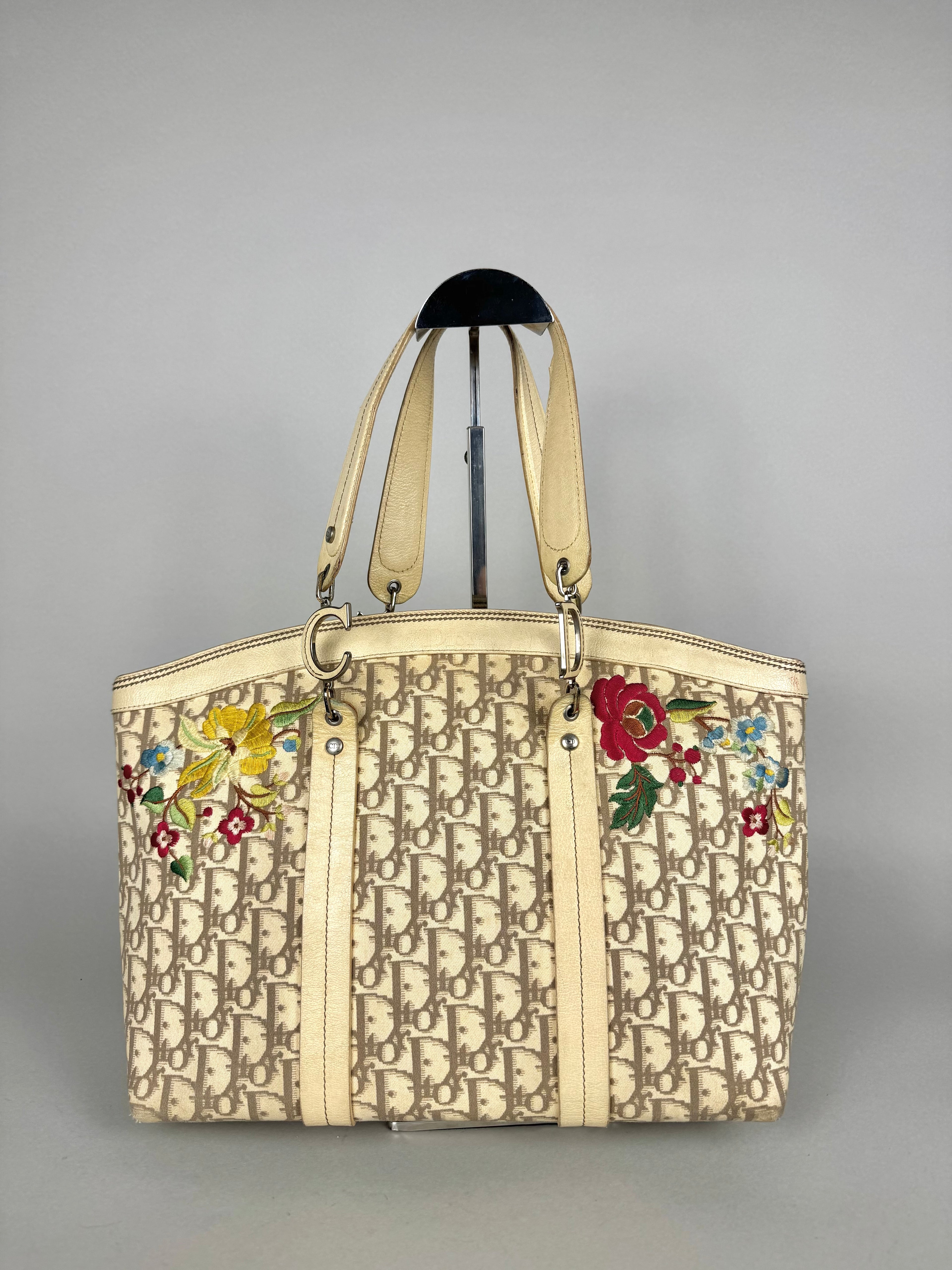 Christian Dior Beige Diorissimo Embroidered Flowers Tote