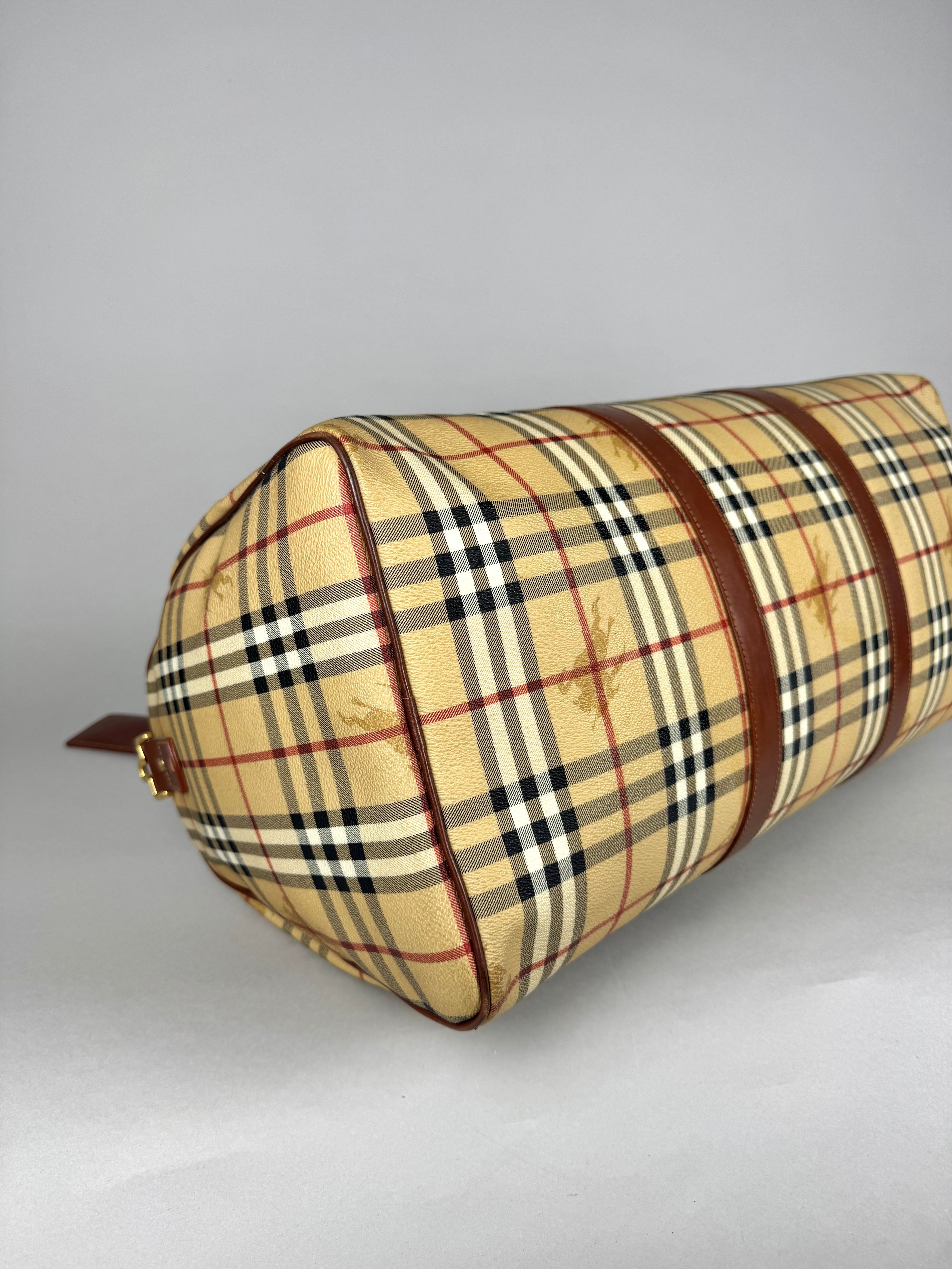 Burberry Brown Leather And Haymarket Check Coated Canvas Travel Duffel