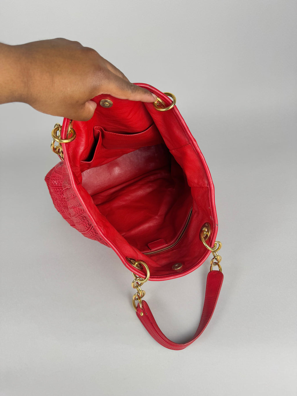 Christian Dior Red Woven Lambskin Leather Lady Dior Tote