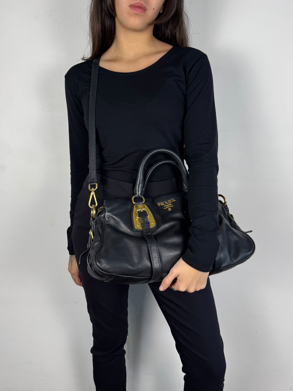 Prada Satchel Soft Calfskin Trimmed Leather Black